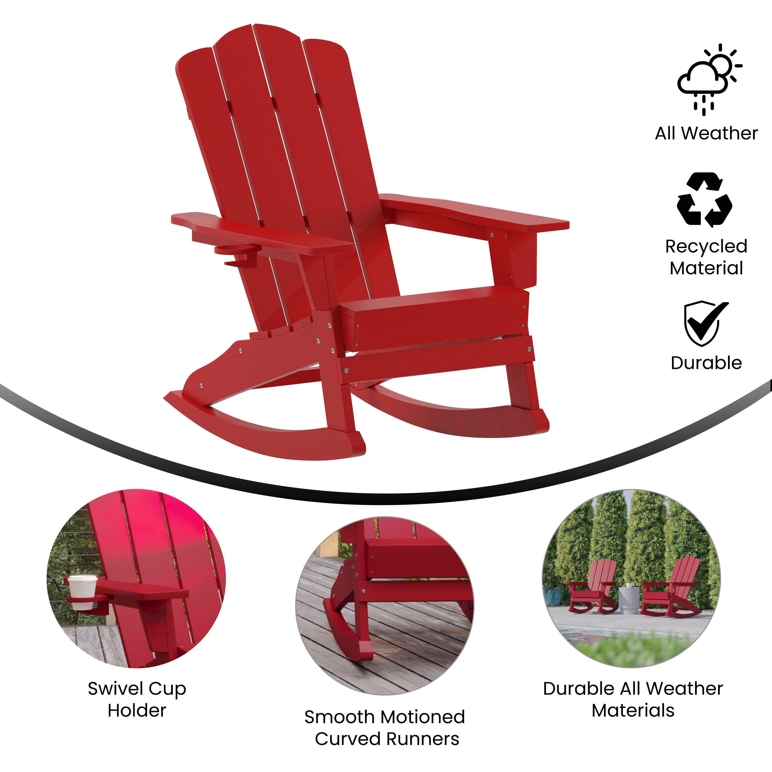 Newport Adirondack Rocking Chair with Cup Holder, Weather Resistant HDPE Adirondack Rocking Chair in Red