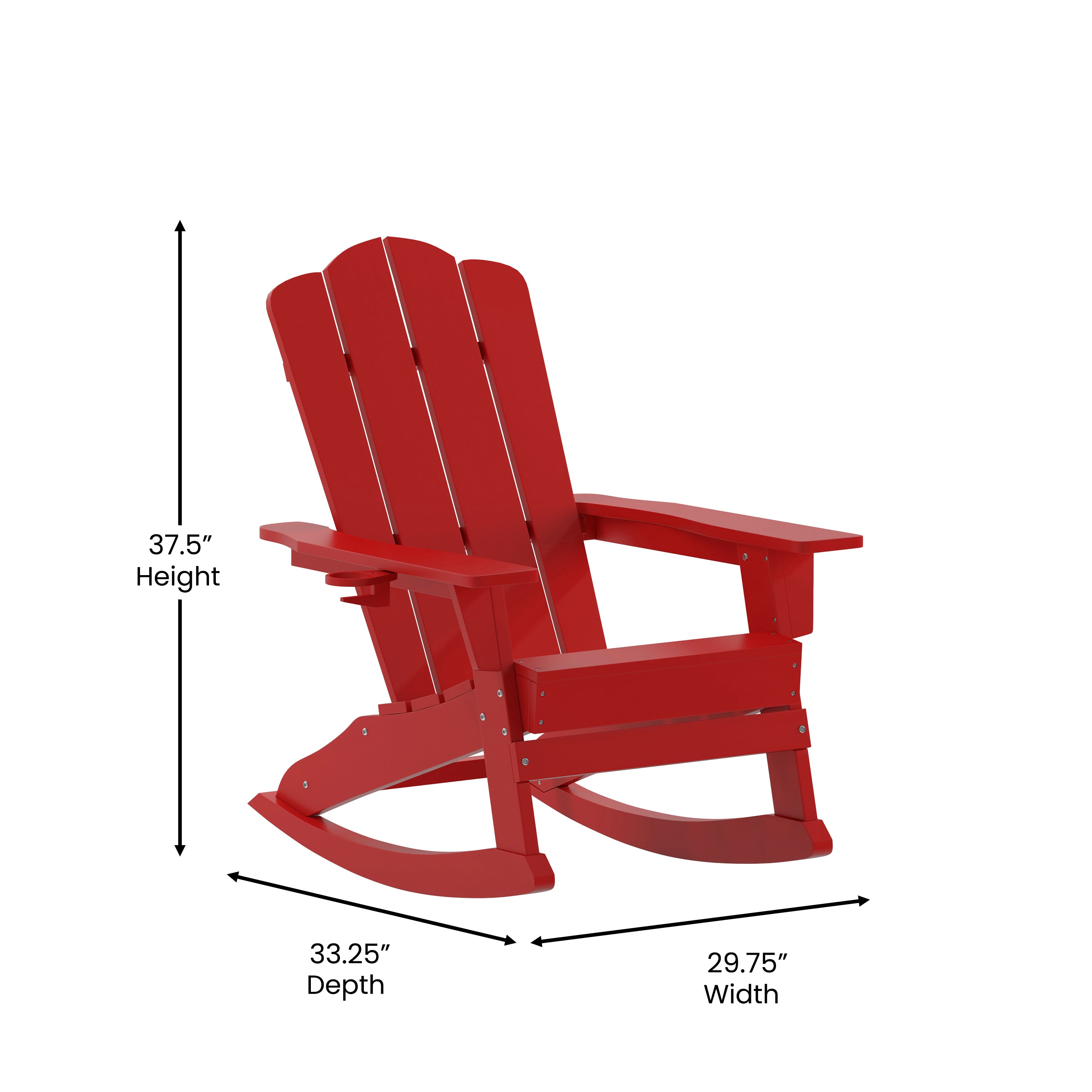 Newport Adirondack Rocking Chair with Cup Holder, Weather Resistant HDPE Adirondack Rocking Chair in Red