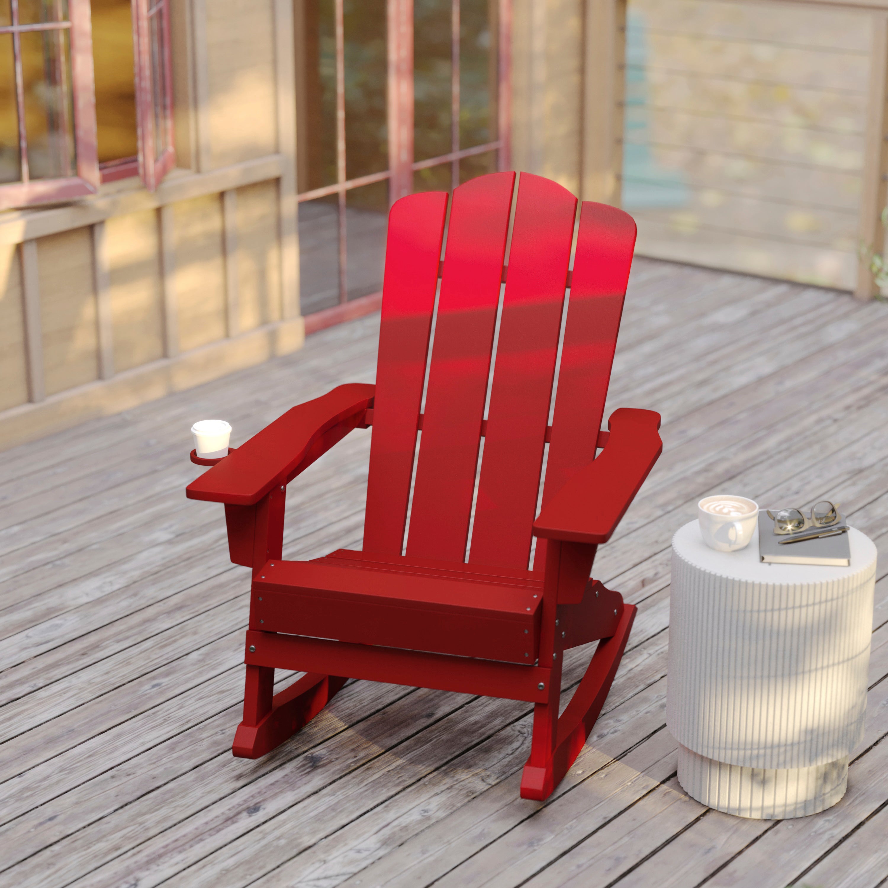Newport Adirondack Rocking Chair with Cup Holder, Weather Resistant HDPE Adirondack Rocking Chair in Red