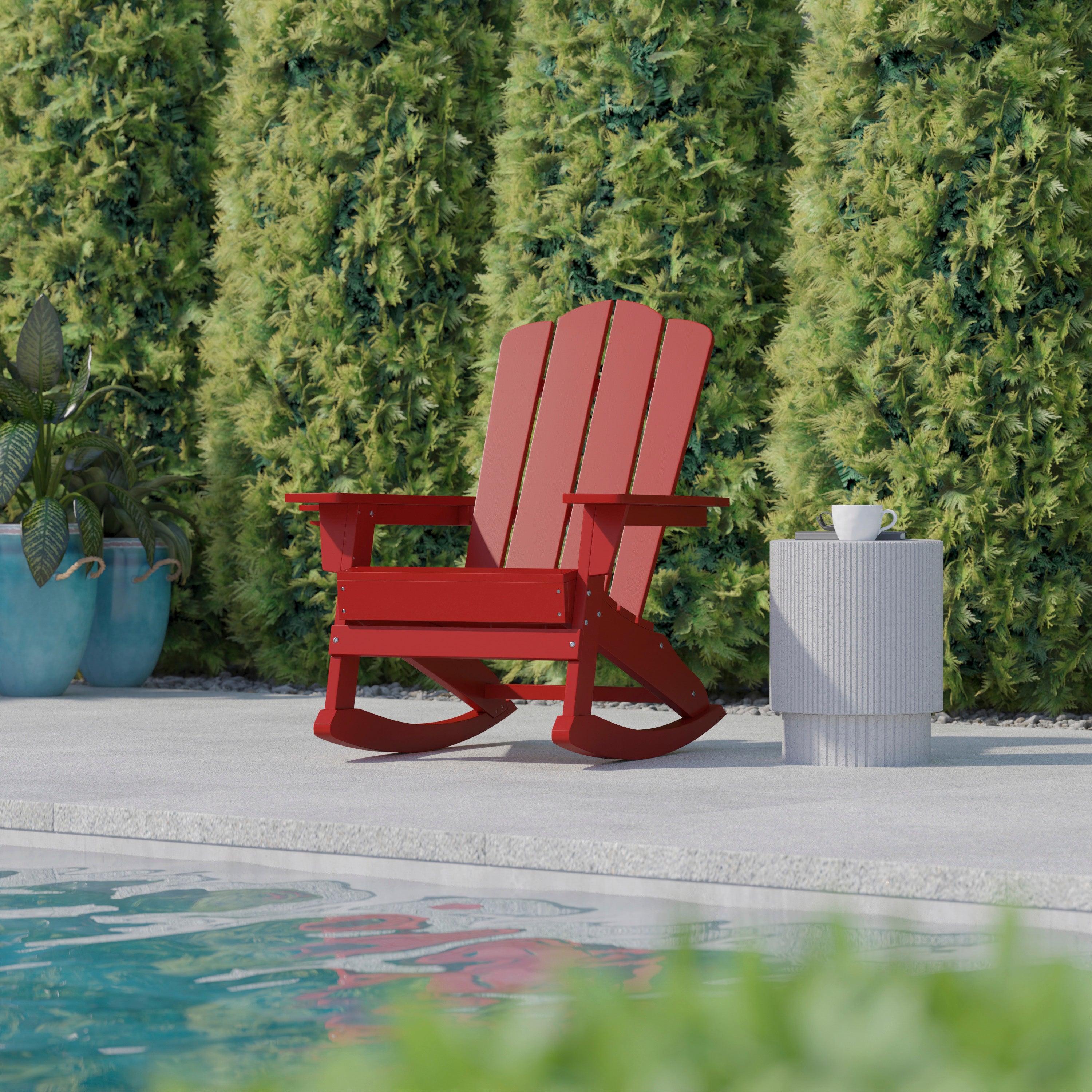 Newport Adirondack Rocking Chair with Cup Holder, Weather Resistant HDPE Adirondack Rocking Chair in Red