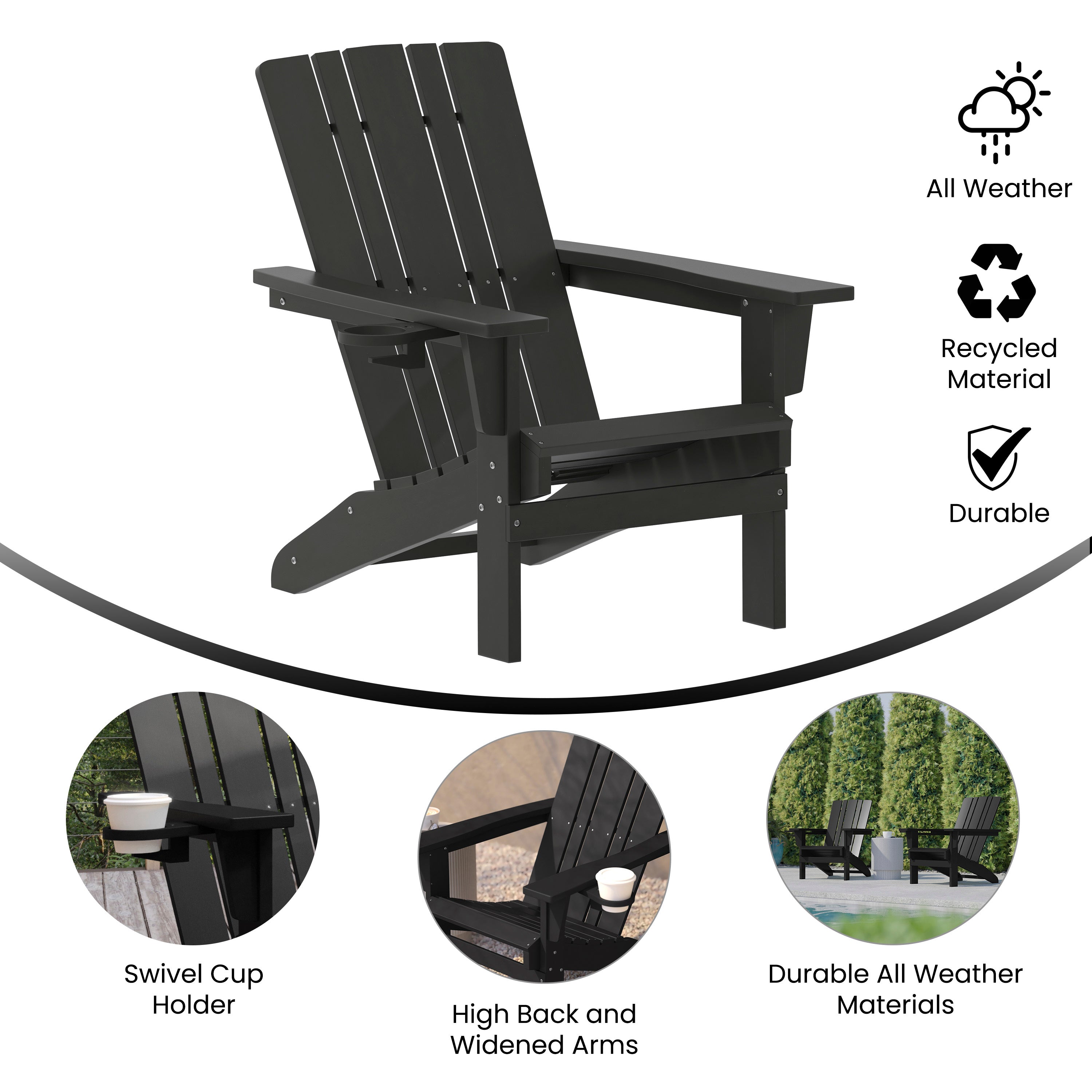 Halifax Adirondack Chair with Cup Holder, Weather Resistant HDPE Adirondack Chair in Black
