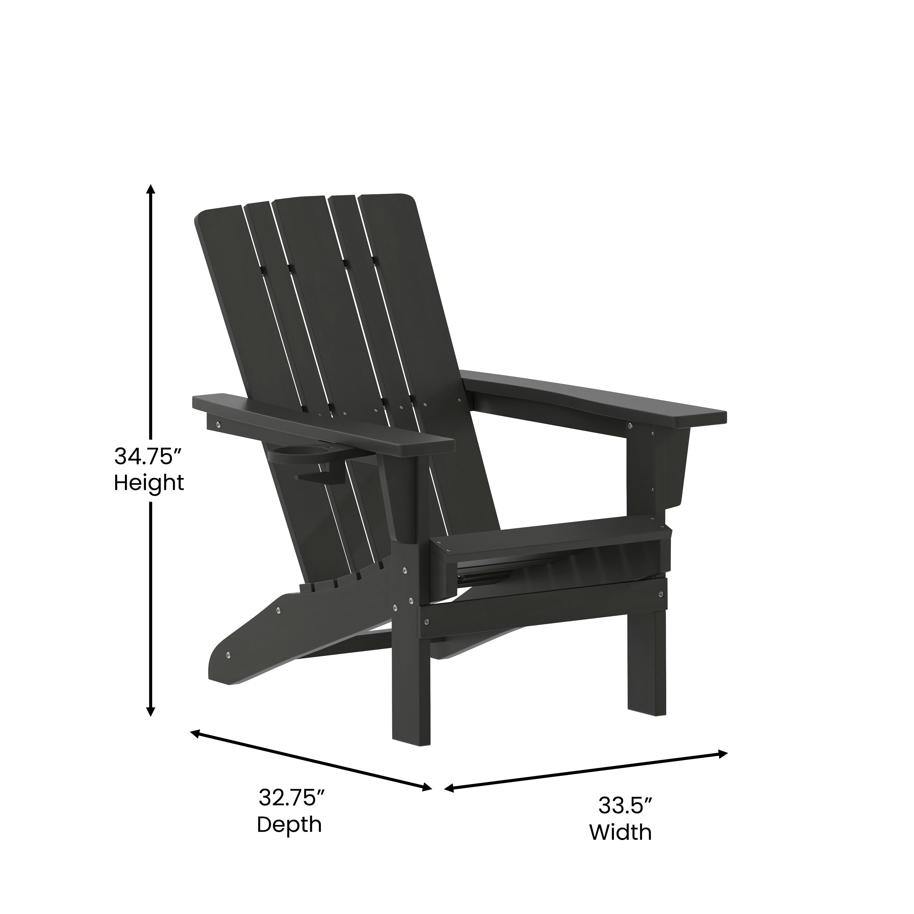 Halifax Adirondack Chair with Cup Holder, Weather Resistant HDPE Adirondack Chair in Black