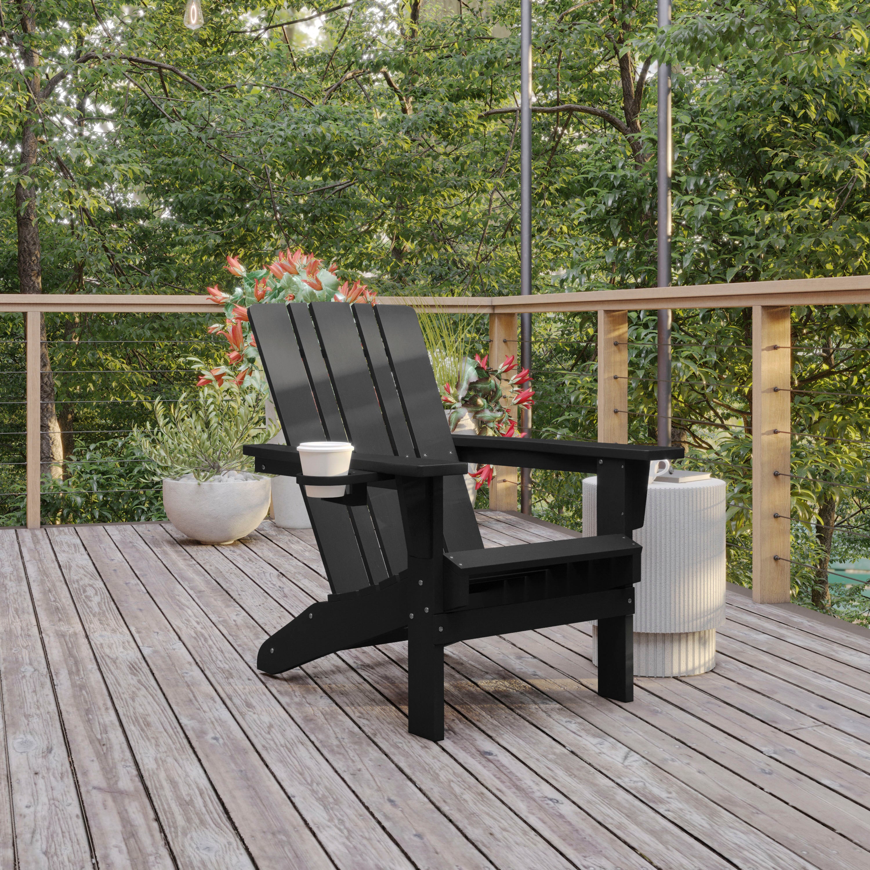 Halifax Adirondack Chair with Cup Holder, Weather Resistant HDPE Adirondack Chair in Black