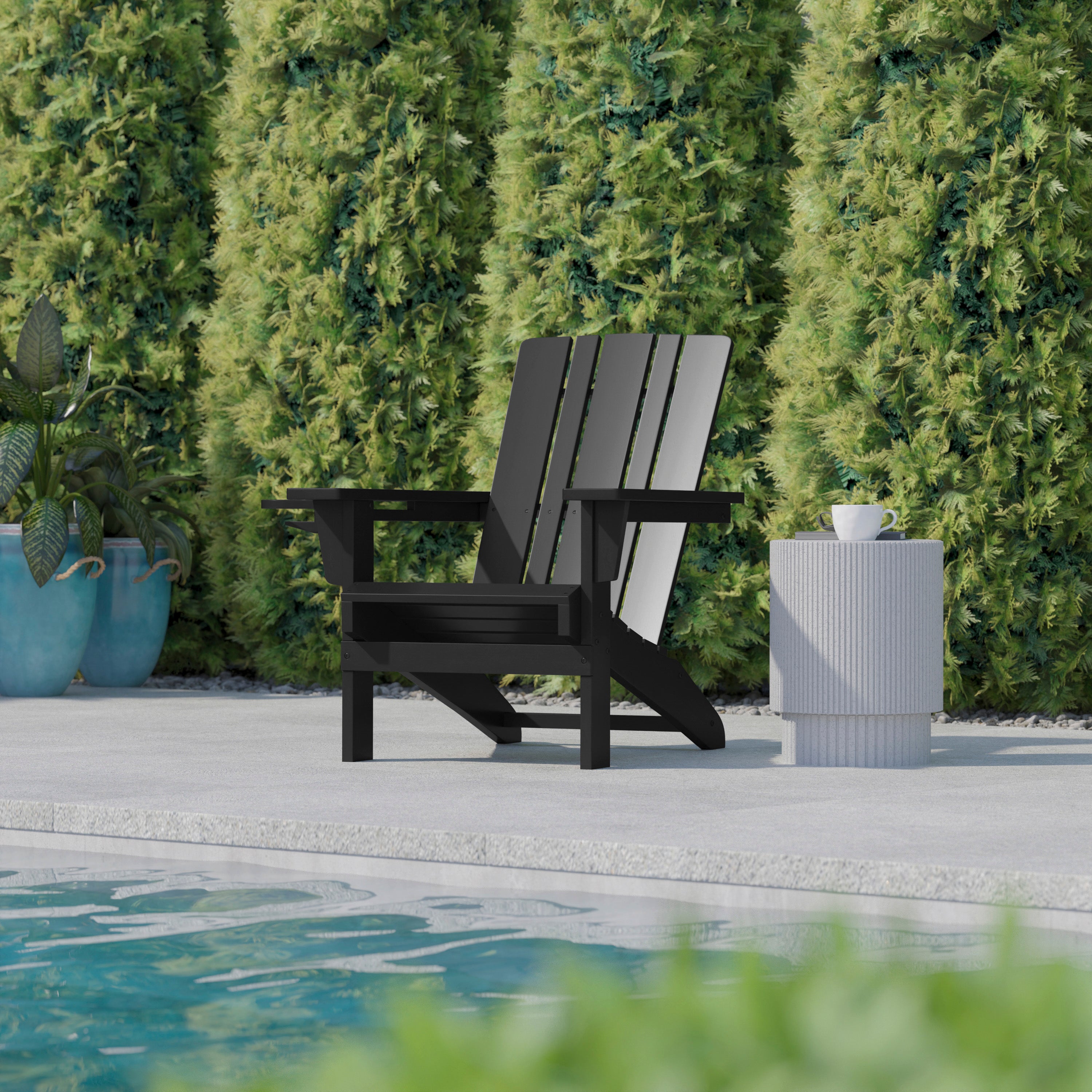 Halifax Adirondack Chair with Cup Holder, Weather Resistant HDPE Adirondack Chair in Black