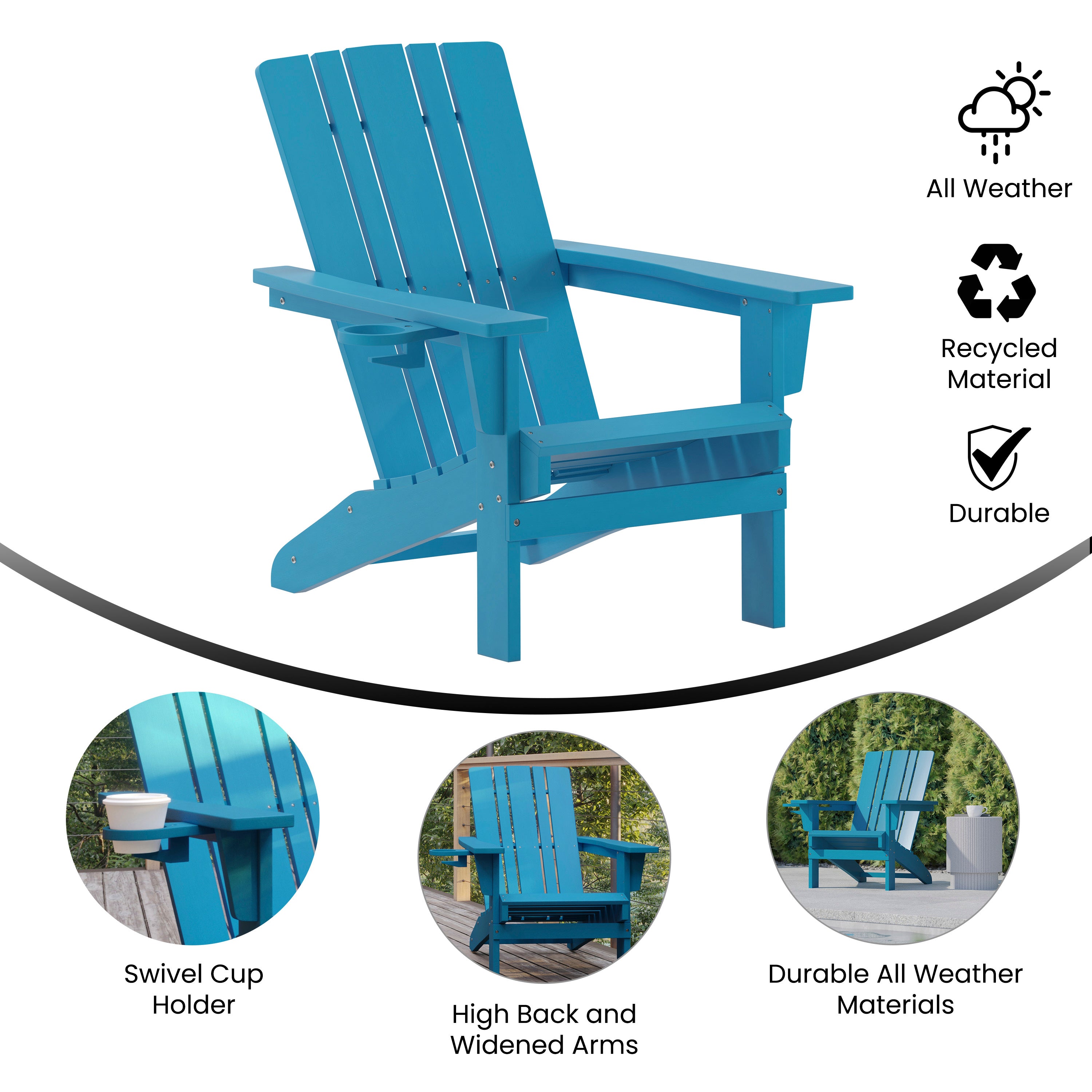 Halifax Adirondack Chair with Cup Holder, Weather Resistant HDPE Adirondack Chair in Blue