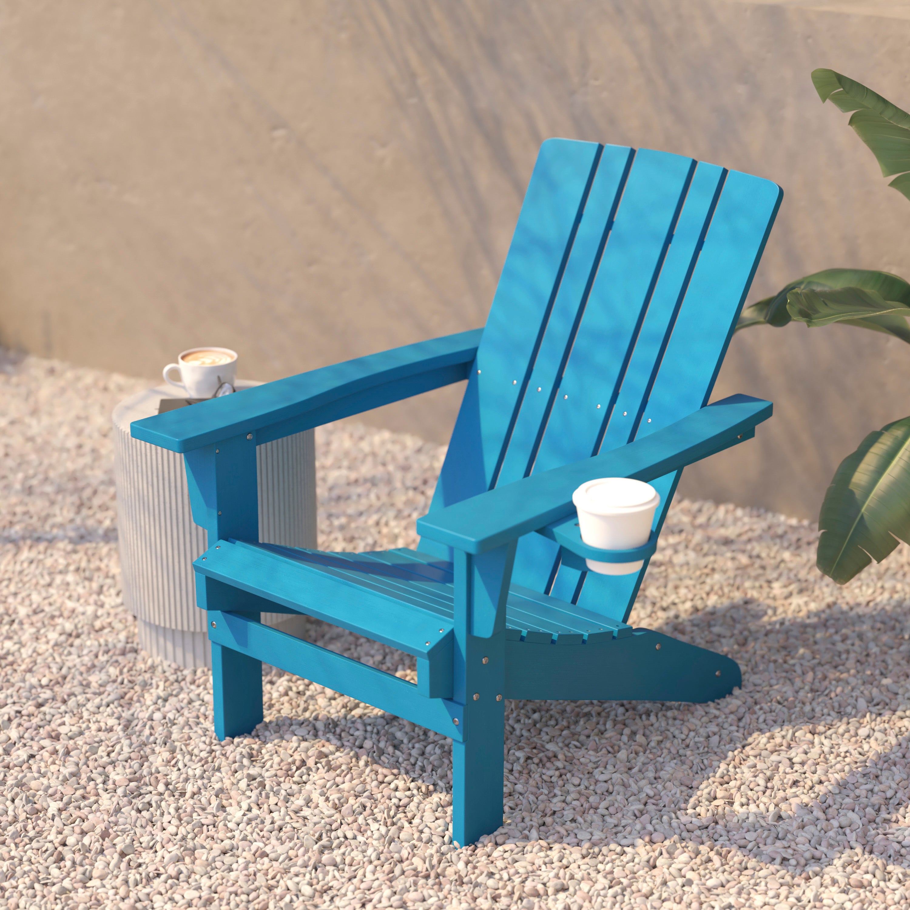Halifax Adirondack Chair with Cup Holder, Weather Resistant HDPE Adirondack Chair in Blue