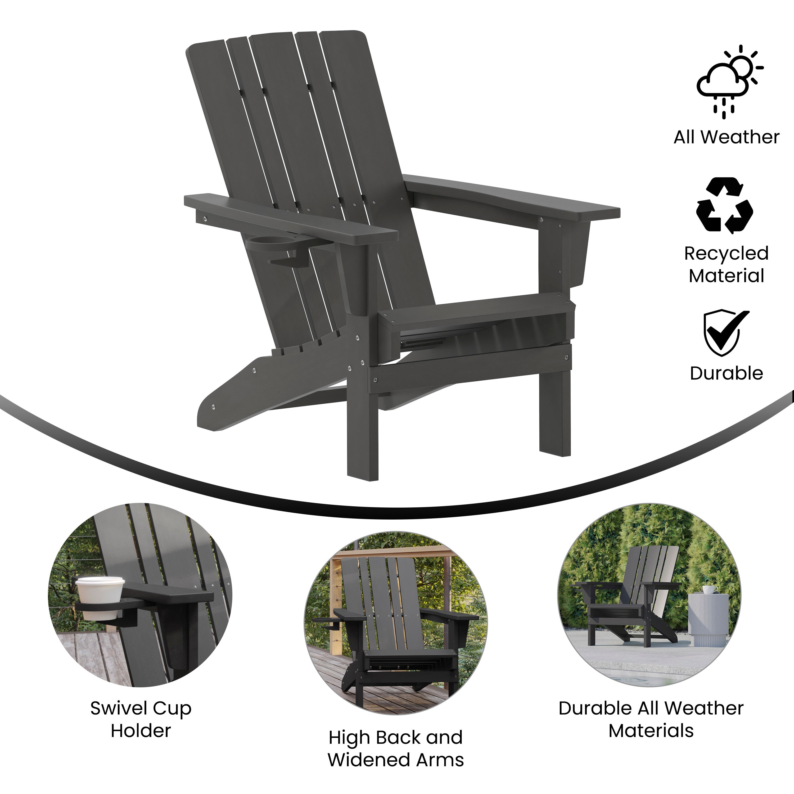 Halifax Adirondack Chair with Cup Holder, Weather Resistant HDPE Adirondack Chair in Gray
