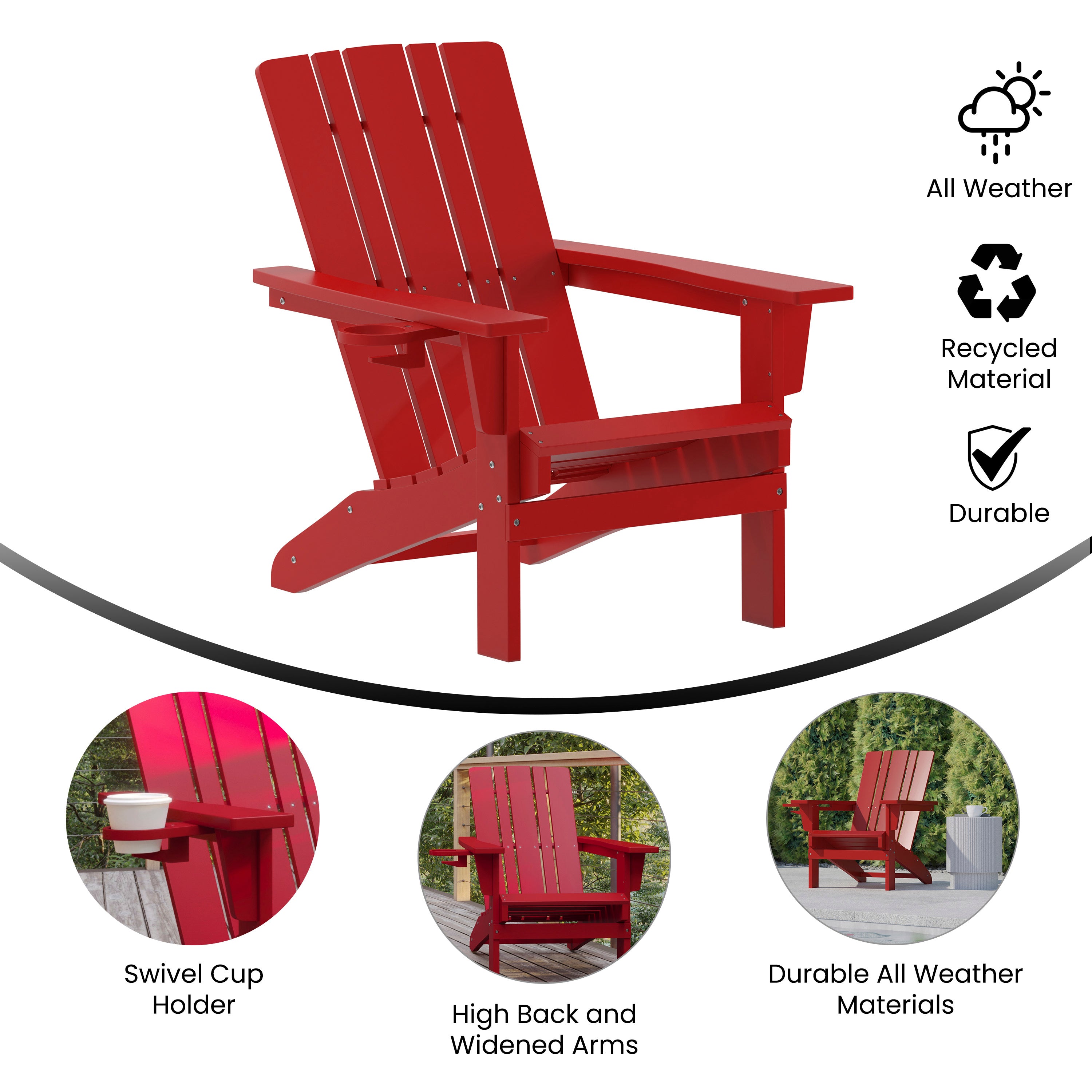Halifax Adirondack Chair with Cup Holder, Weather Resistant HDPE Adirondack Chair in Red