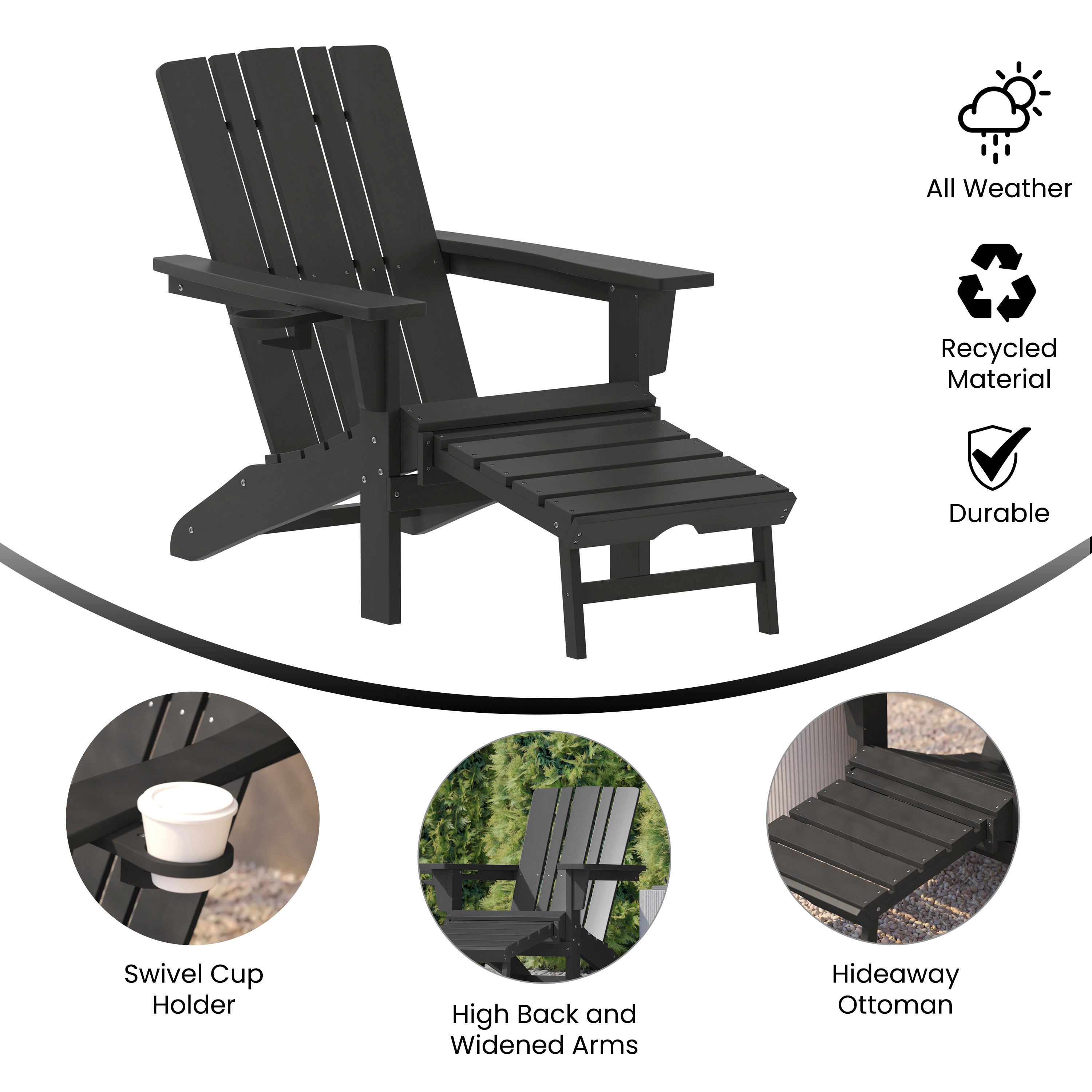 Halifax HDPE Adirondack Chair with Cup Holder and Pull Out Ottoman, All-Weather HDPE Indoor/Outdoor Lounge Chair in Black