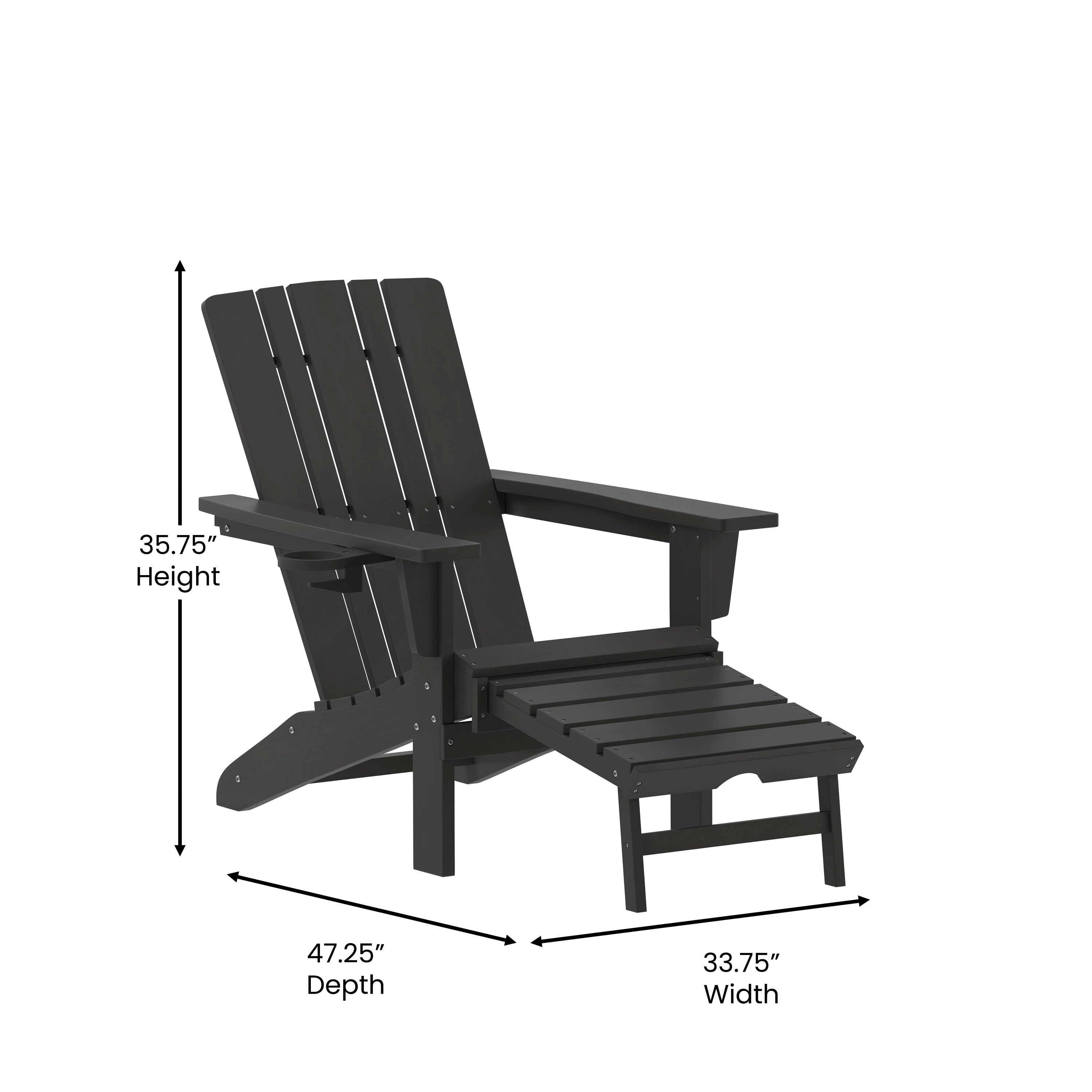 Halifax HDPE Adirondack Chair with Cup Holder and Pull Out Ottoman, All-Weather HDPE Indoor/Outdoor Lounge Chair in Black
