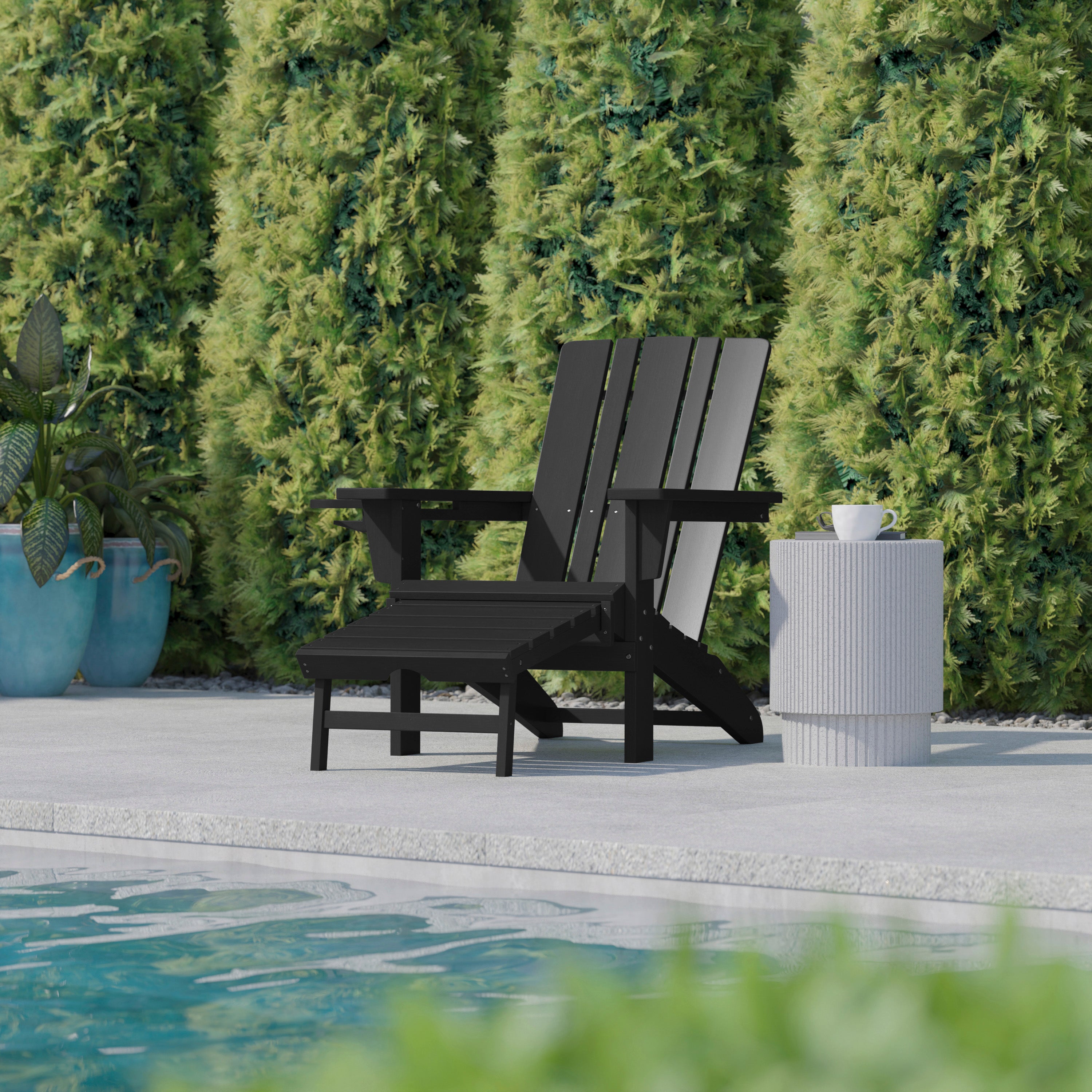Halifax HDPE Adirondack Chair with Cup Holder and Pull Out Ottoman, All-Weather HDPE Indoor/Outdoor Lounge Chair in Black