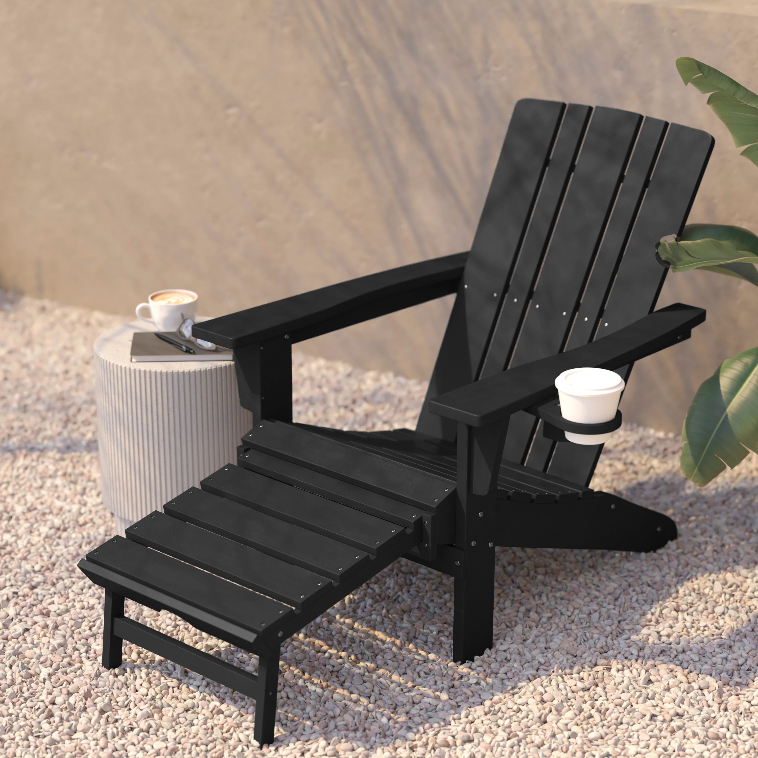 Halifax HDPE Adirondack Chair with Cup Holder and Pull Out Ottoman, All-Weather HDPE Indoor/Outdoor Lounge Chair in Black