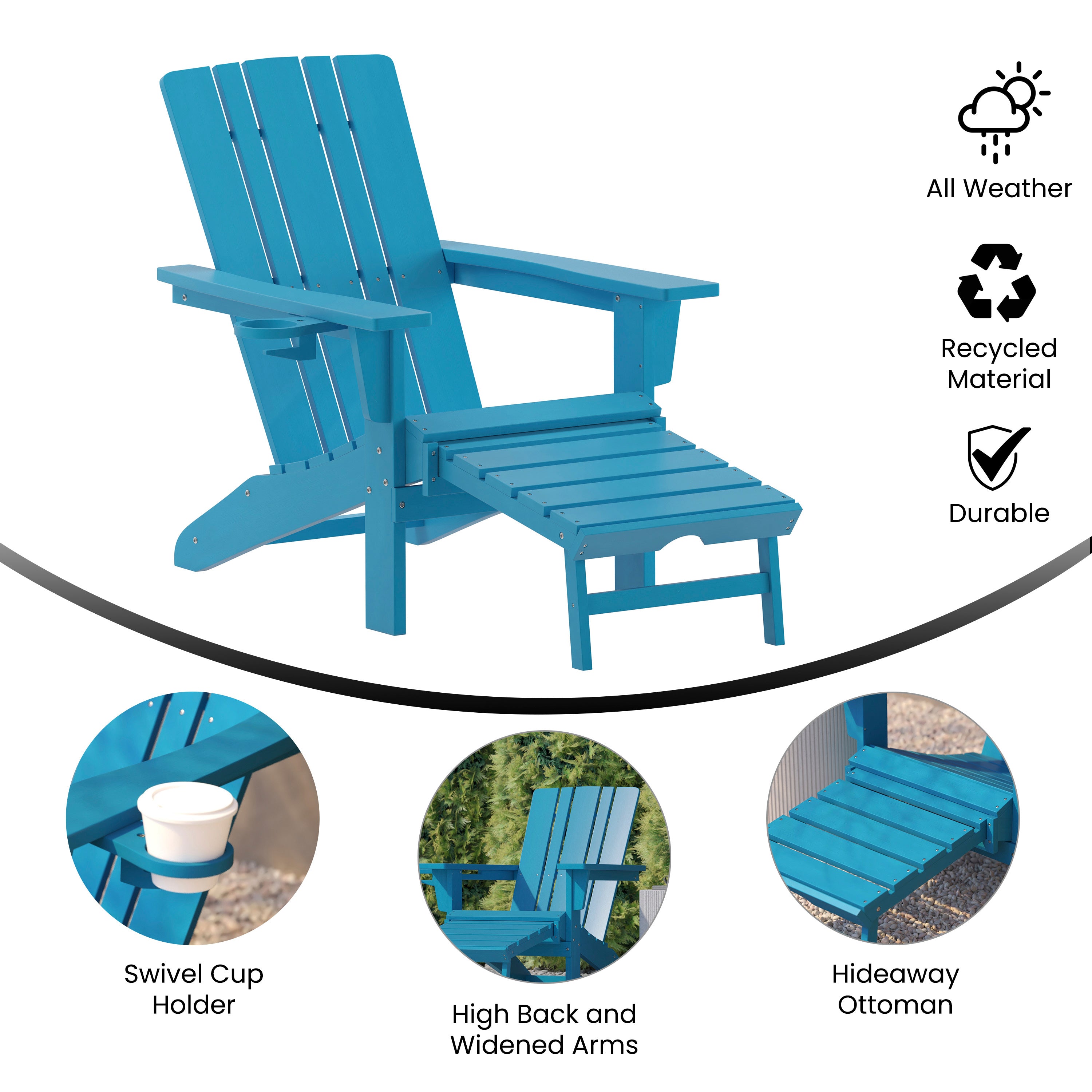 Halifax HDPE Adirondack Chair with Cup Holder and Pull Out Ottoman, All-Weather HDPE Indoor/Outdoor Lounge Chair in Blue