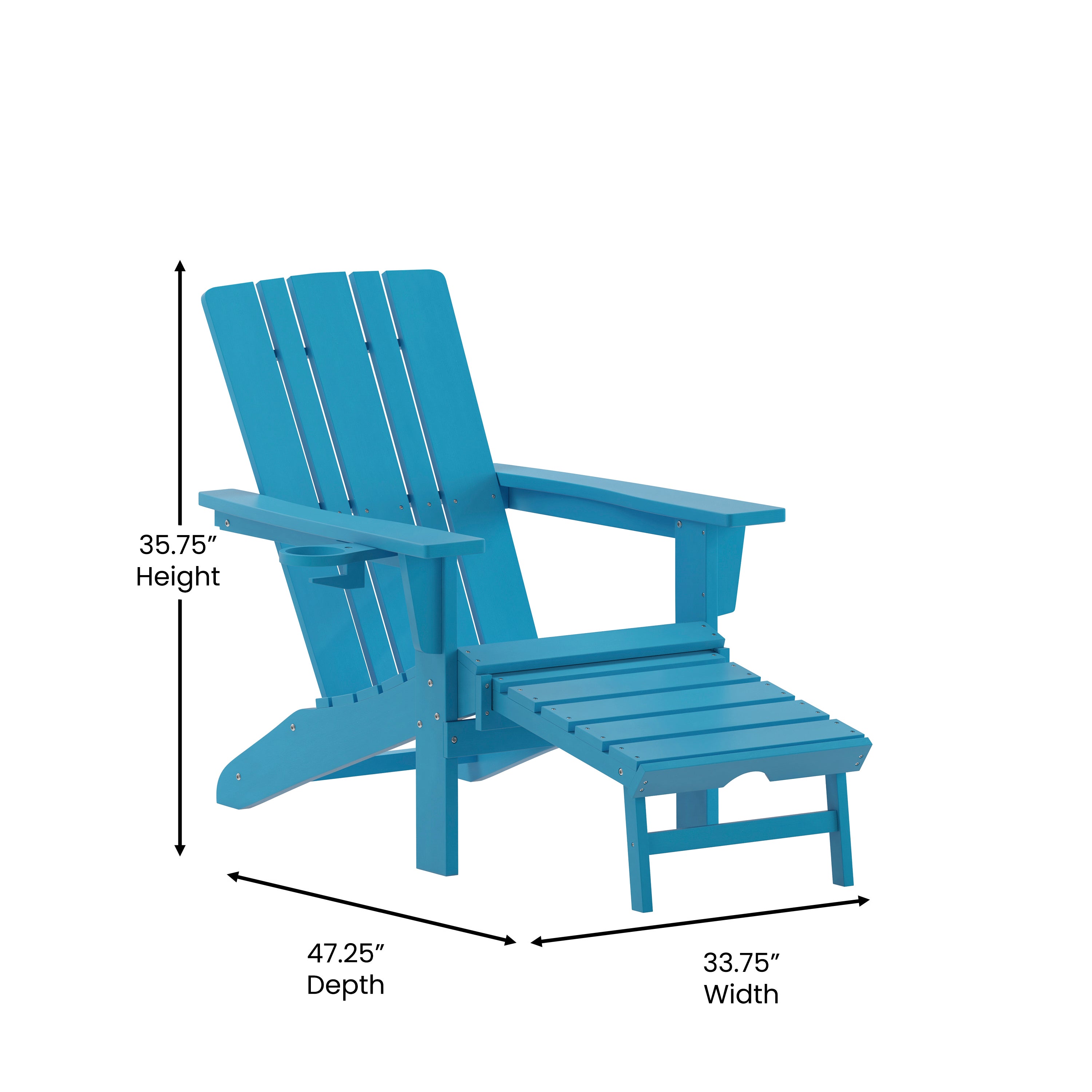 Halifax HDPE Adirondack Chair with Cup Holder and Pull Out Ottoman, All-Weather HDPE Indoor/Outdoor Lounge Chair in Blue