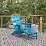 Halifax HDPE Adirondack Chair with Cup Holder and Pull Out Ottoman, All-Weather HDPE Indoor/Outdoor Lounge Chair in Blue