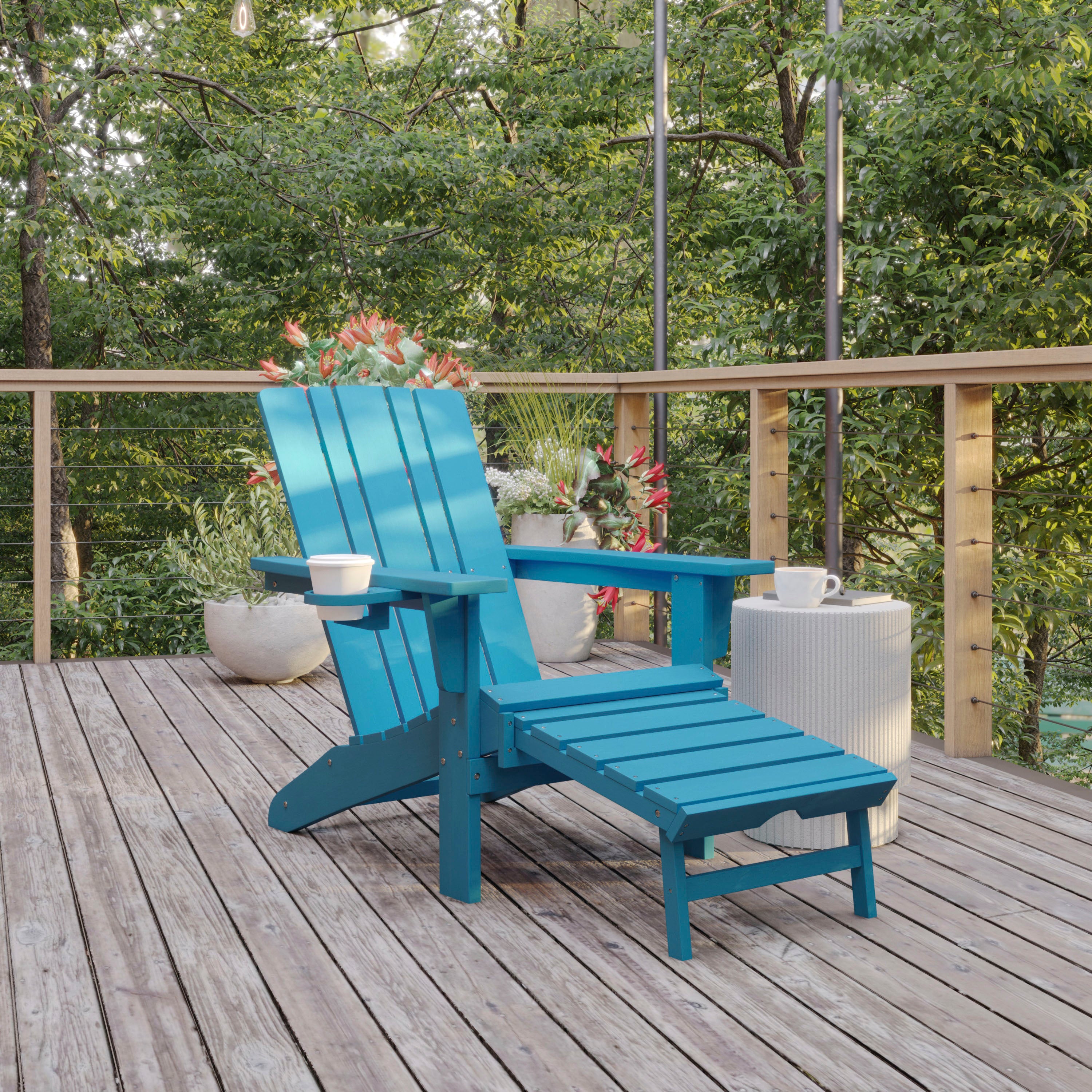 Halifax HDPE Adirondack Chair with Cup Holder and Pull Out Ottoman, All-Weather HDPE Indoor/Outdoor Lounge Chair in Blue