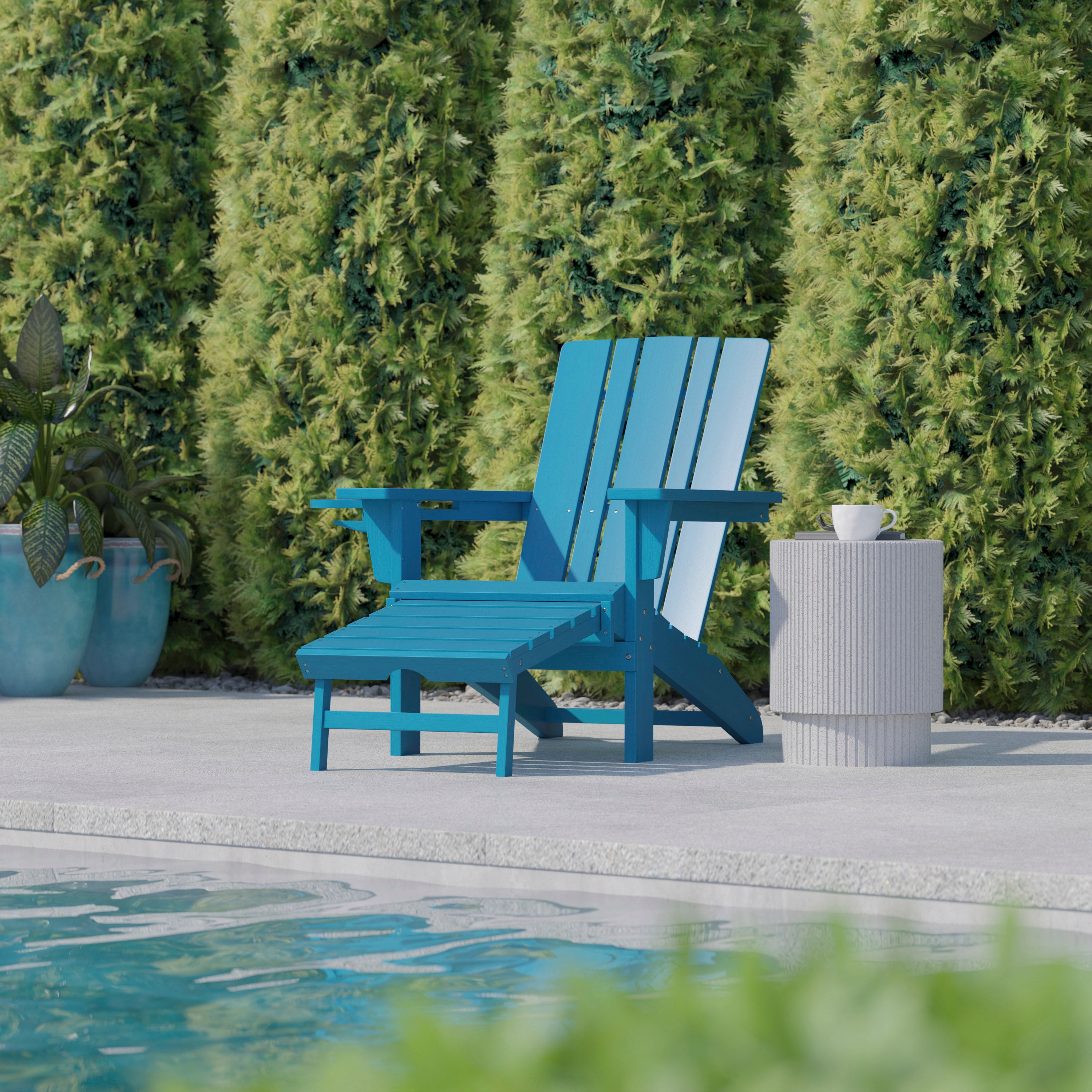 Halifax HDPE Adirondack Chair with Cup Holder and Pull Out Ottoman, All-Weather HDPE Indoor/Outdoor Lounge Chair in Blue