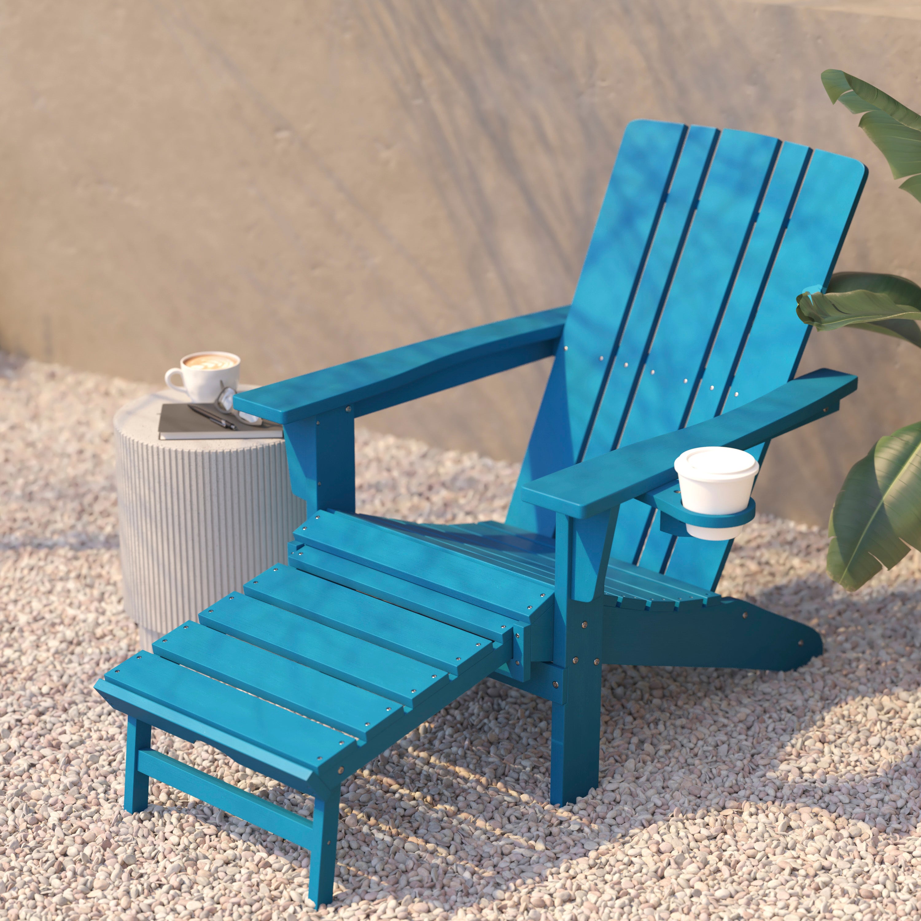 Halifax HDPE Adirondack Chair with Cup Holder and Pull Out Ottoman, All-Weather HDPE Indoor/Outdoor Lounge Chair in Blue