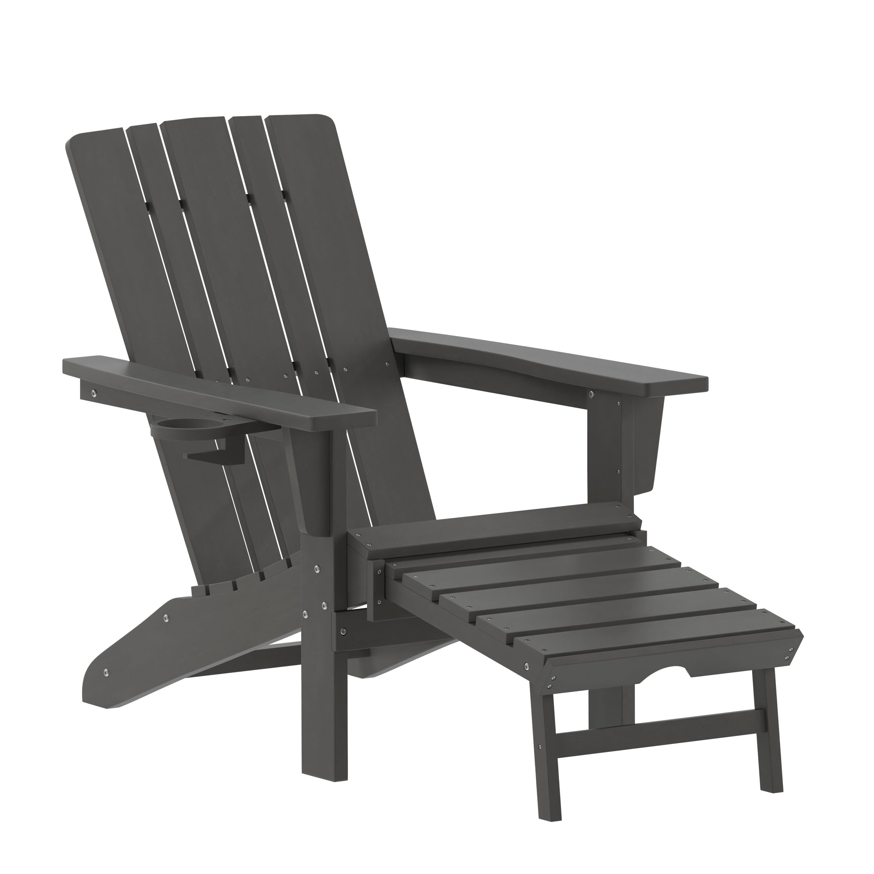 Halifax HDPE Adirondack Chair with Cup Holder and Pull Out Ottoman, All-Weather HDPE Indoor/Outdoor Lounge Chair in Gray