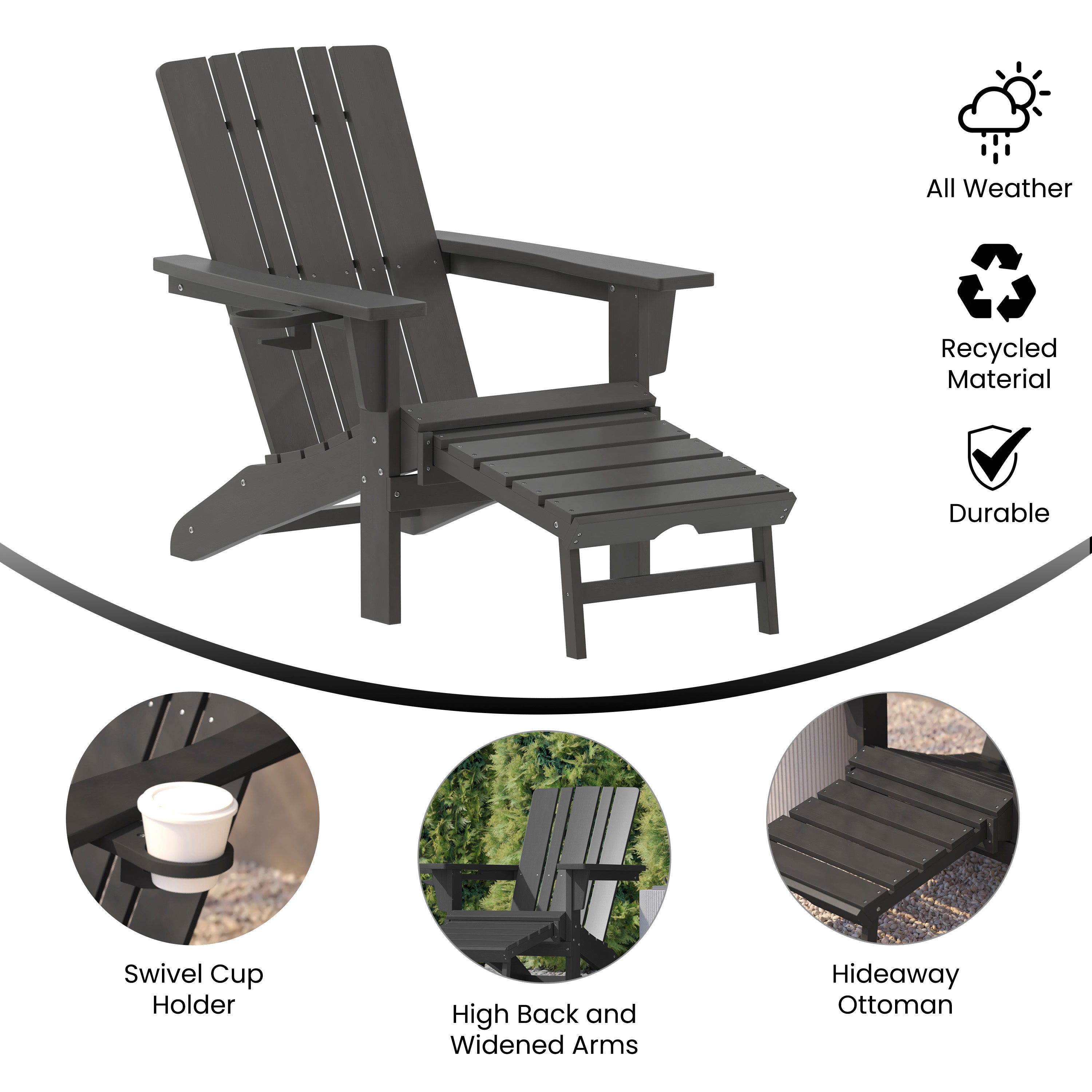 Halifax HDPE Adirondack Chair with Cup Holder and Pull Out Ottoman, All-Weather HDPE Indoor/Outdoor Lounge Chair in Gray
