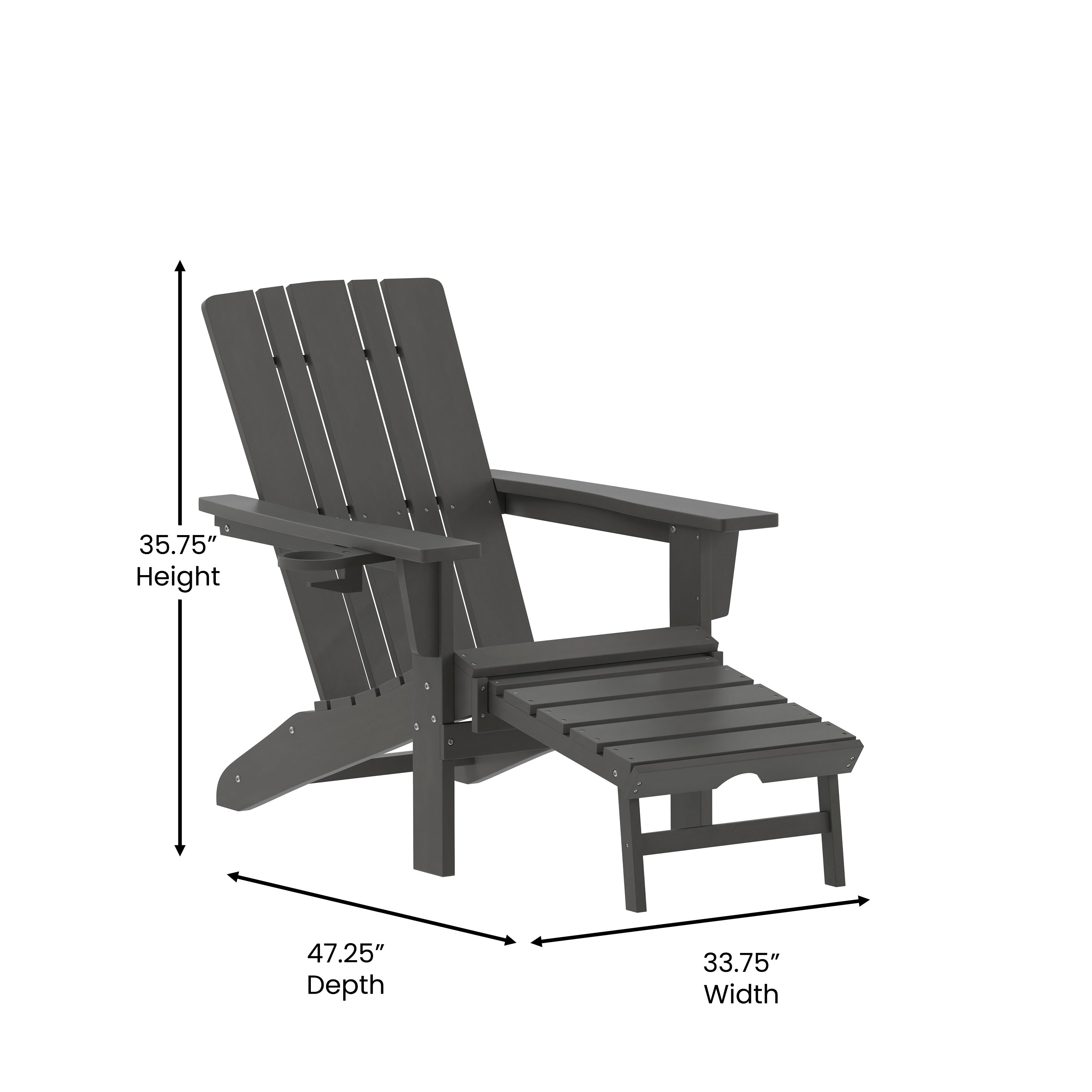 Halifax HDPE Adirondack Chair with Cup Holder and Pull Out Ottoman, All-Weather HDPE Indoor/Outdoor Lounge Chair in Gray