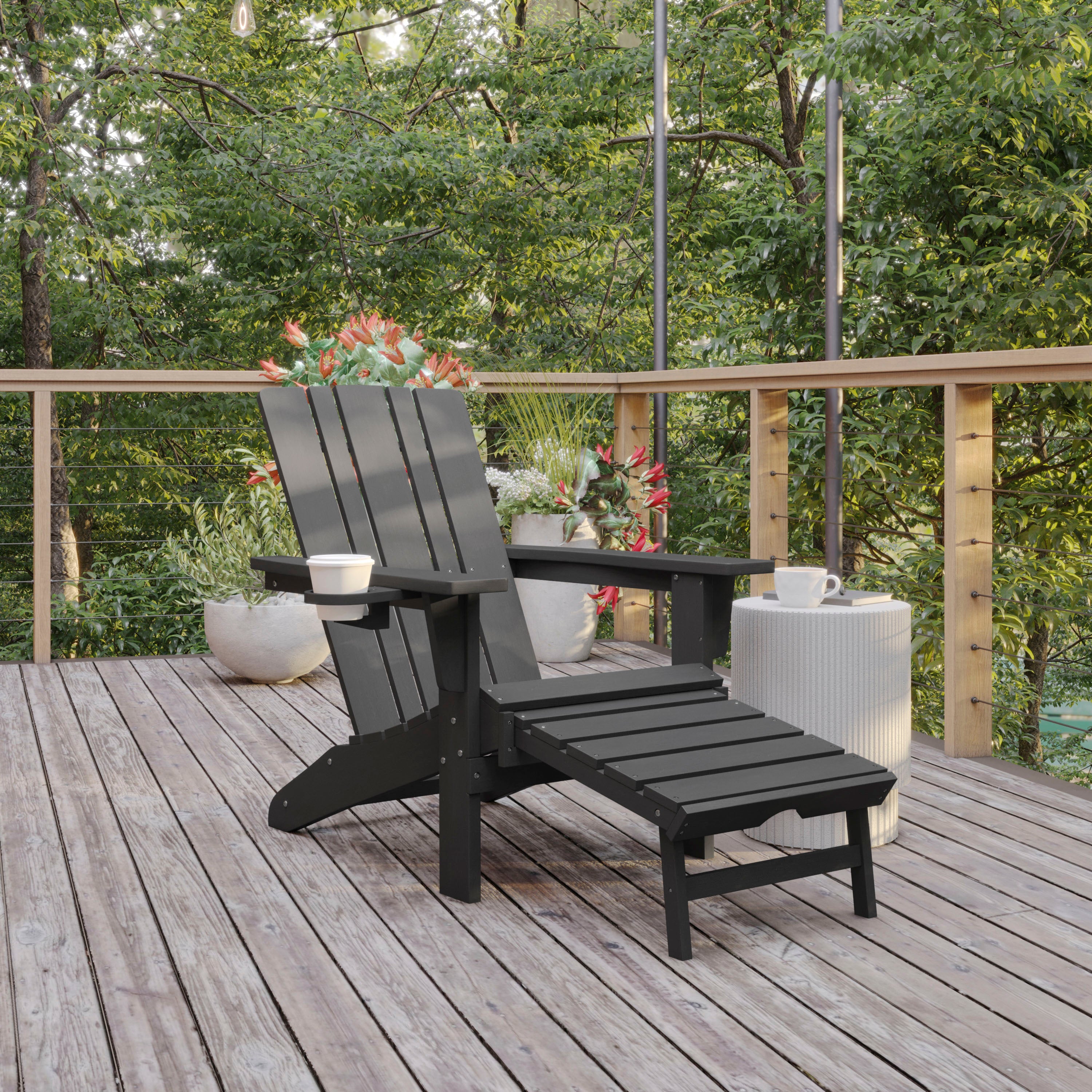 Halifax HDPE Adirondack Chair with Cup Holder and Pull Out Ottoman, All-Weather HDPE Indoor/Outdoor Lounge Chair in Gray
