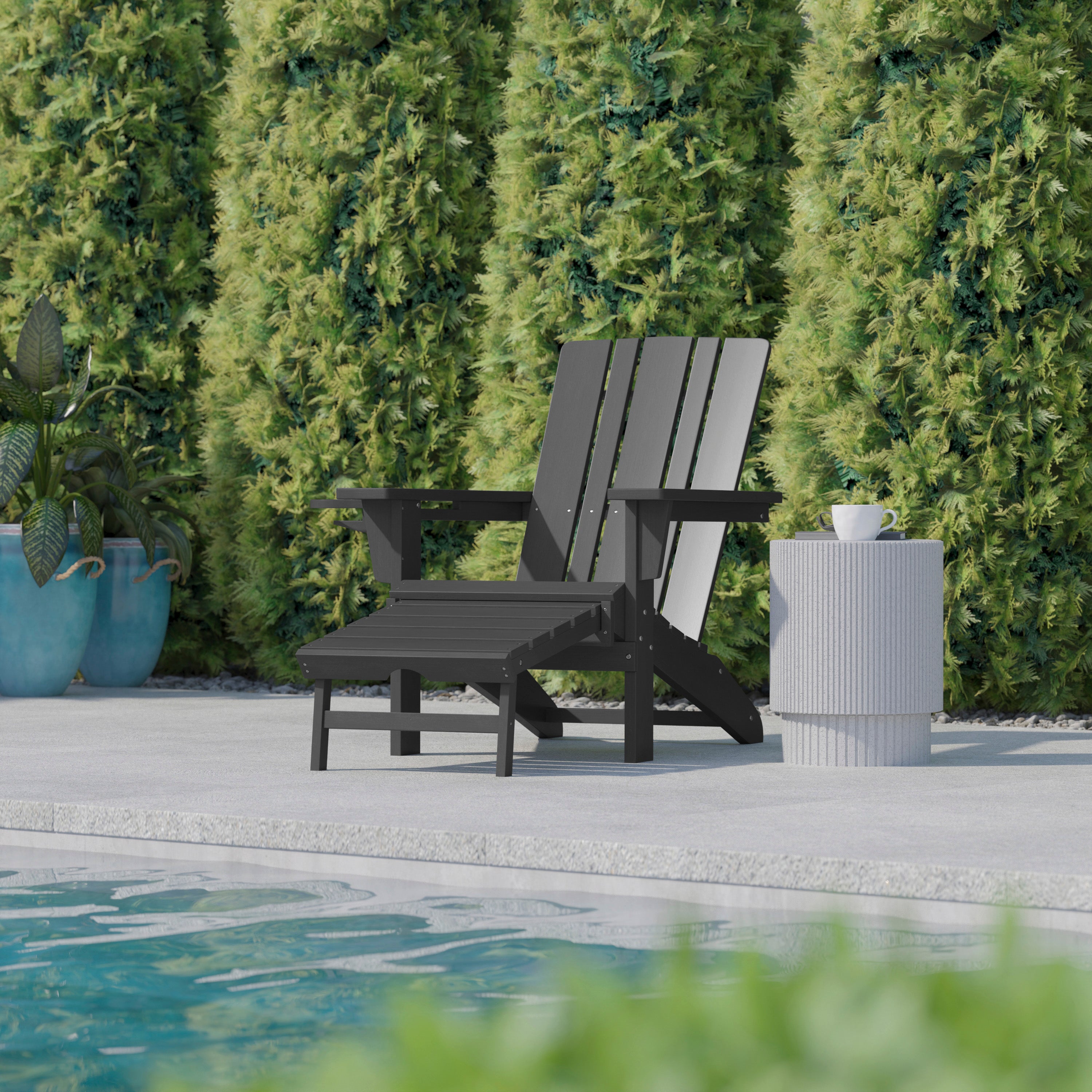 Halifax HDPE Adirondack Chair with Cup Holder and Pull Out Ottoman, All-Weather HDPE Indoor/Outdoor Lounge Chair in Gray