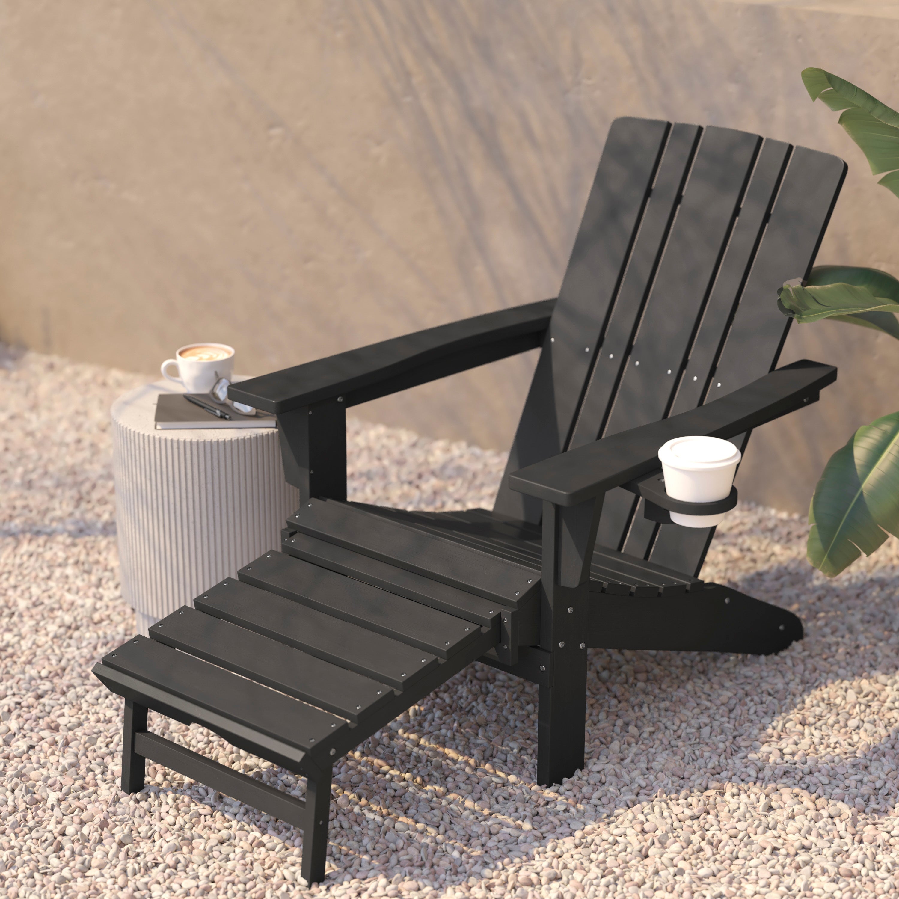 Halifax HDPE Adirondack Chair with Cup Holder and Pull Out Ottoman, All-Weather HDPE Indoor/Outdoor Lounge Chair in Gray