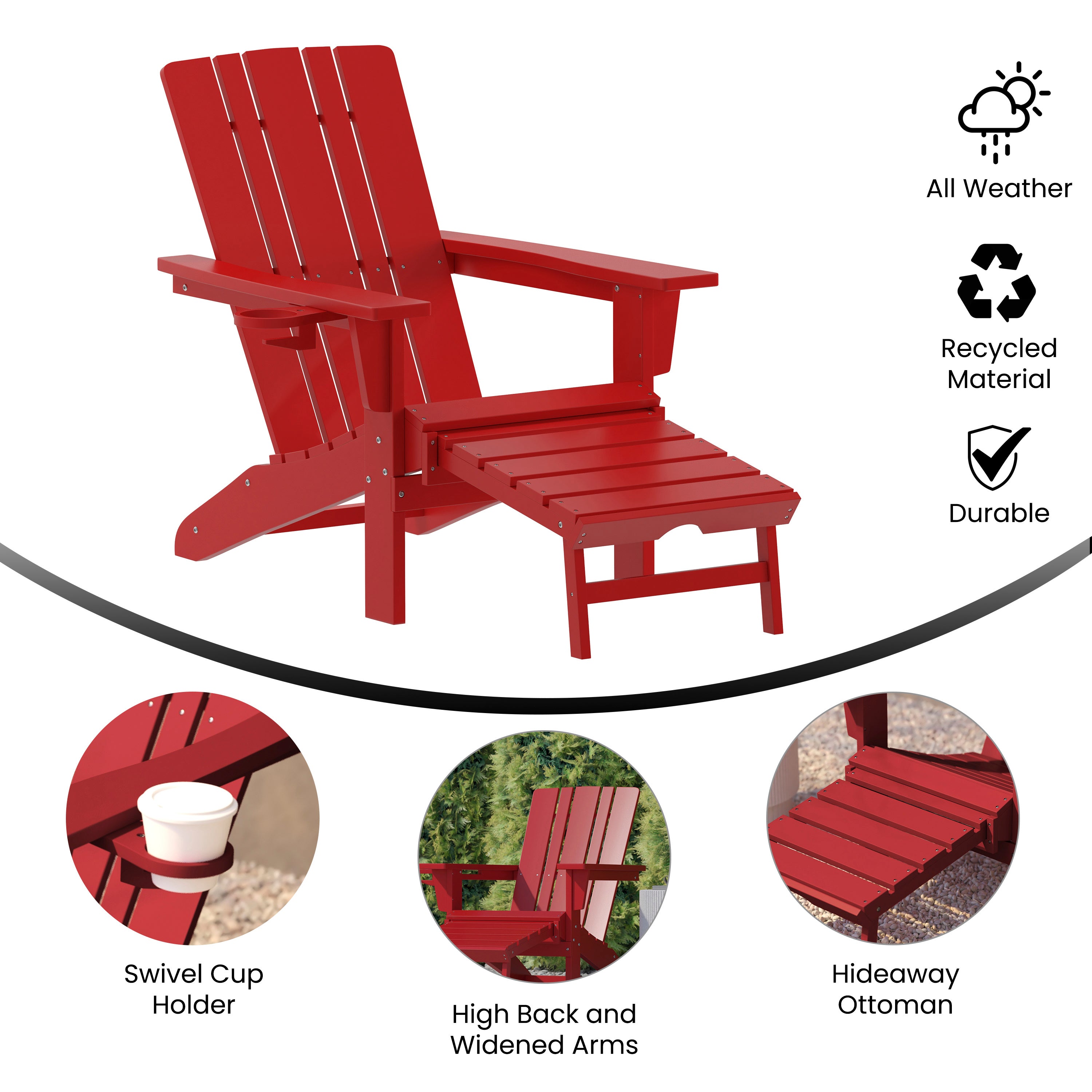 Halifax HDPE Adirondack Chair with Cup Holder and Pull Out Ottoman, All-Weather HDPE Indoor/Outdoor Lounge Chair in Red