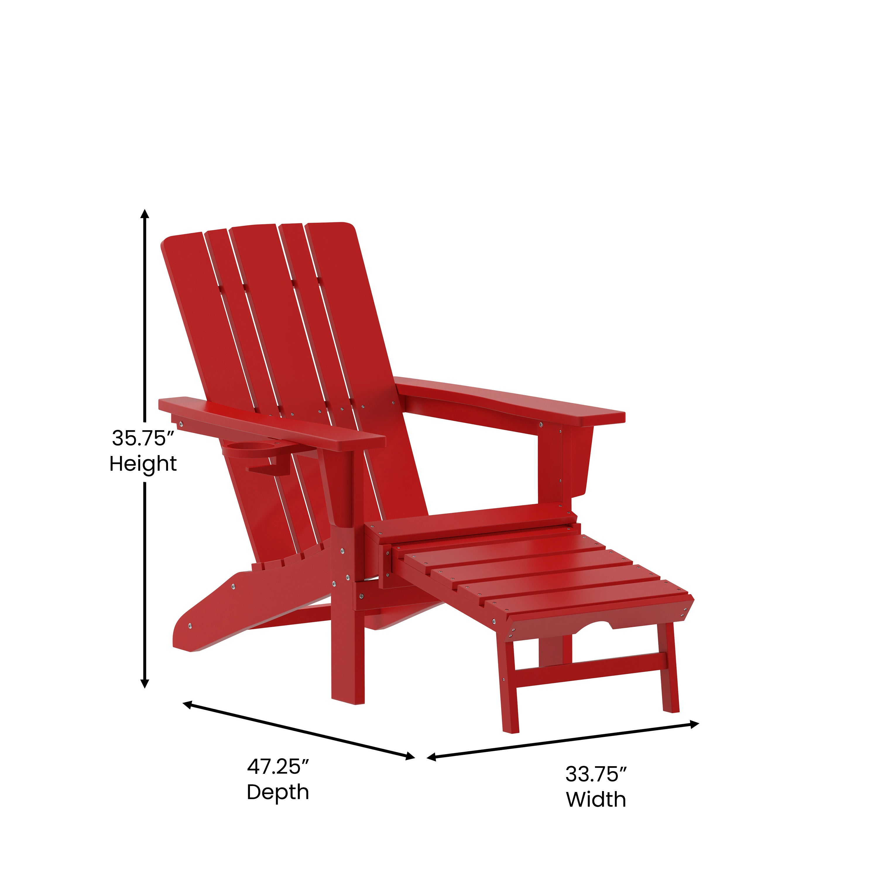 Halifax HDPE Adirondack Chair with Cup Holder and Pull Out Ottoman, All-Weather HDPE Indoor/Outdoor Lounge Chair in Red
