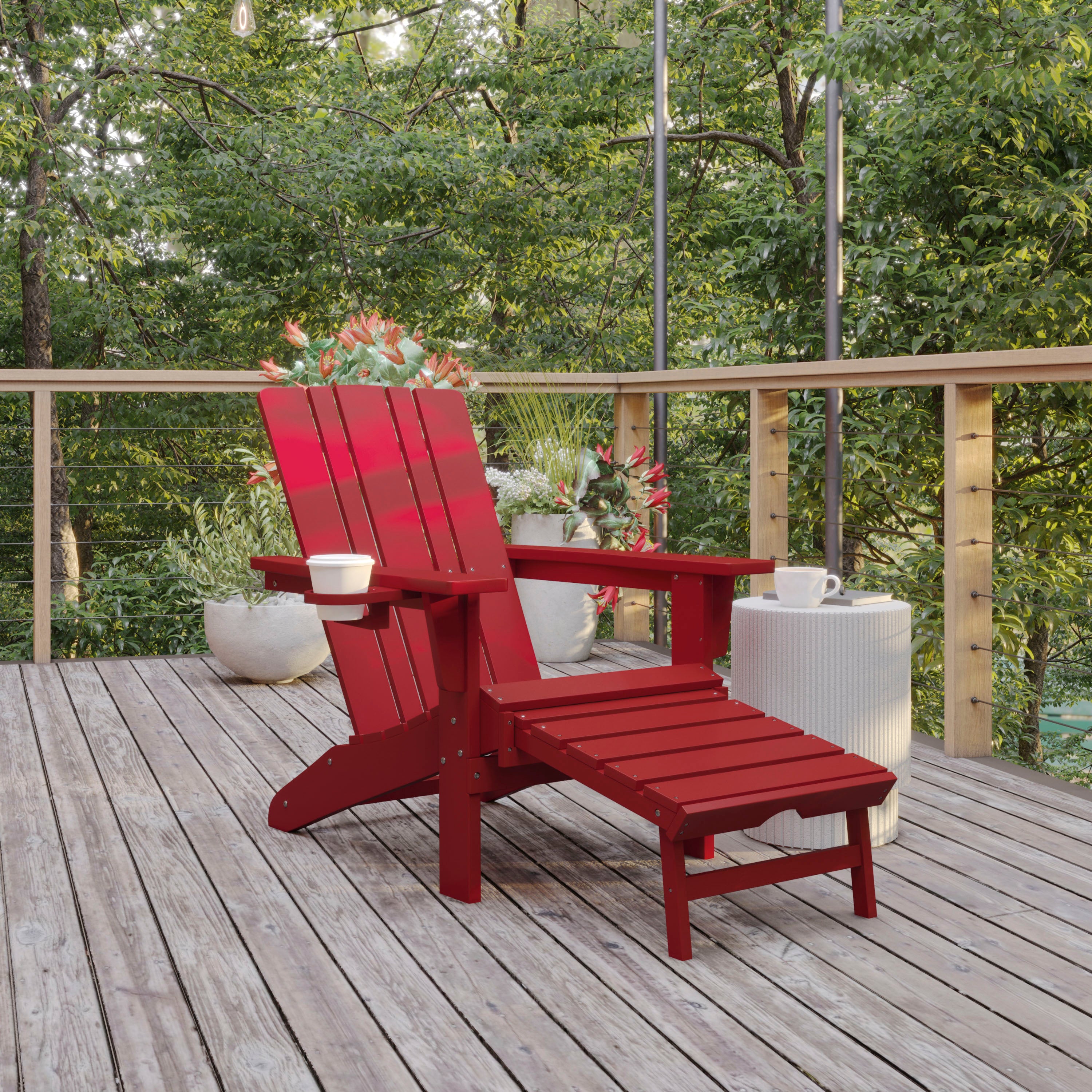 Halifax HDPE Adirondack Chair with Cup Holder and Pull Out Ottoman, All-Weather HDPE Indoor/Outdoor Lounge Chair in Red