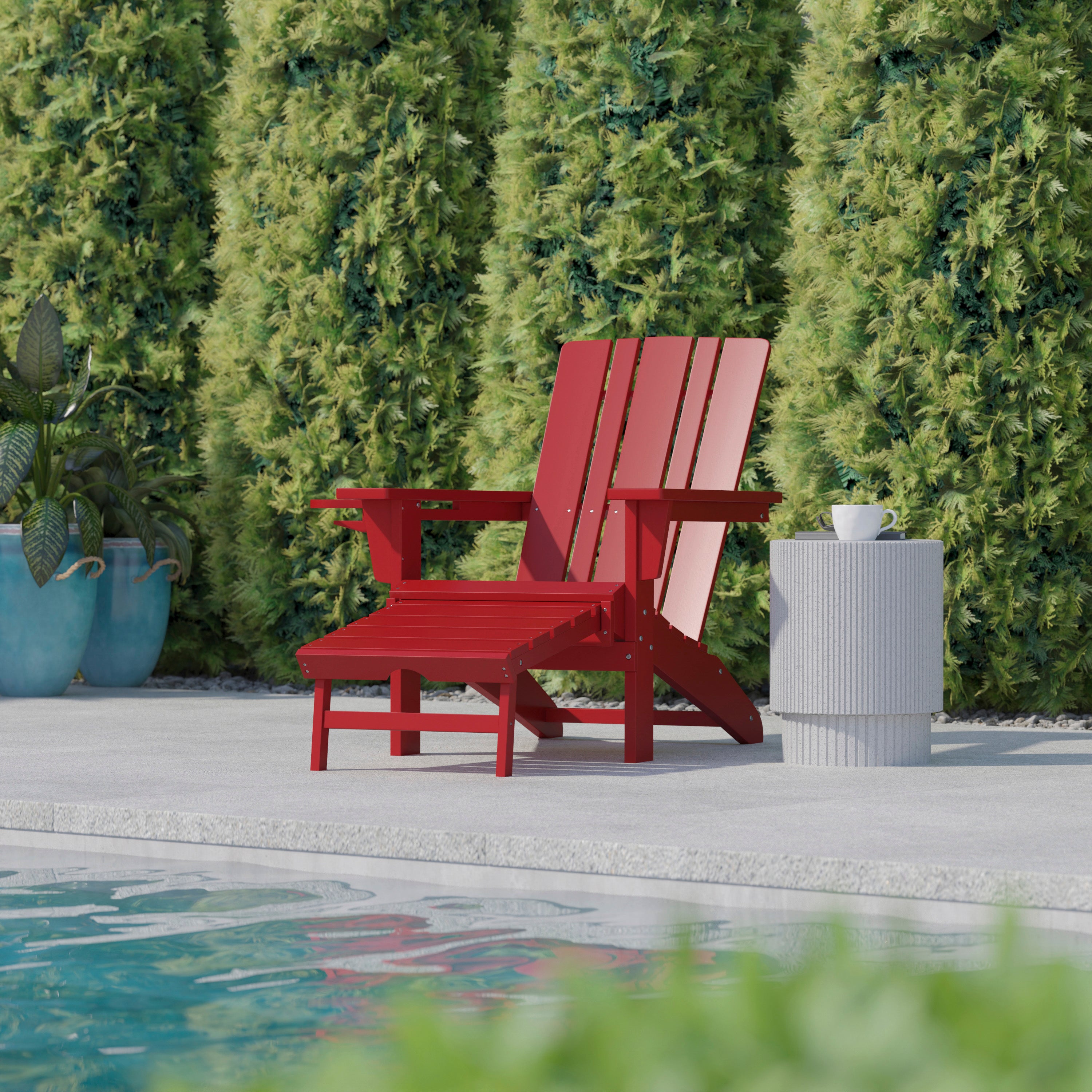 Halifax HDPE Adirondack Chair with Cup Holder and Pull Out Ottoman, All-Weather HDPE Indoor/Outdoor Lounge Chair in Red
