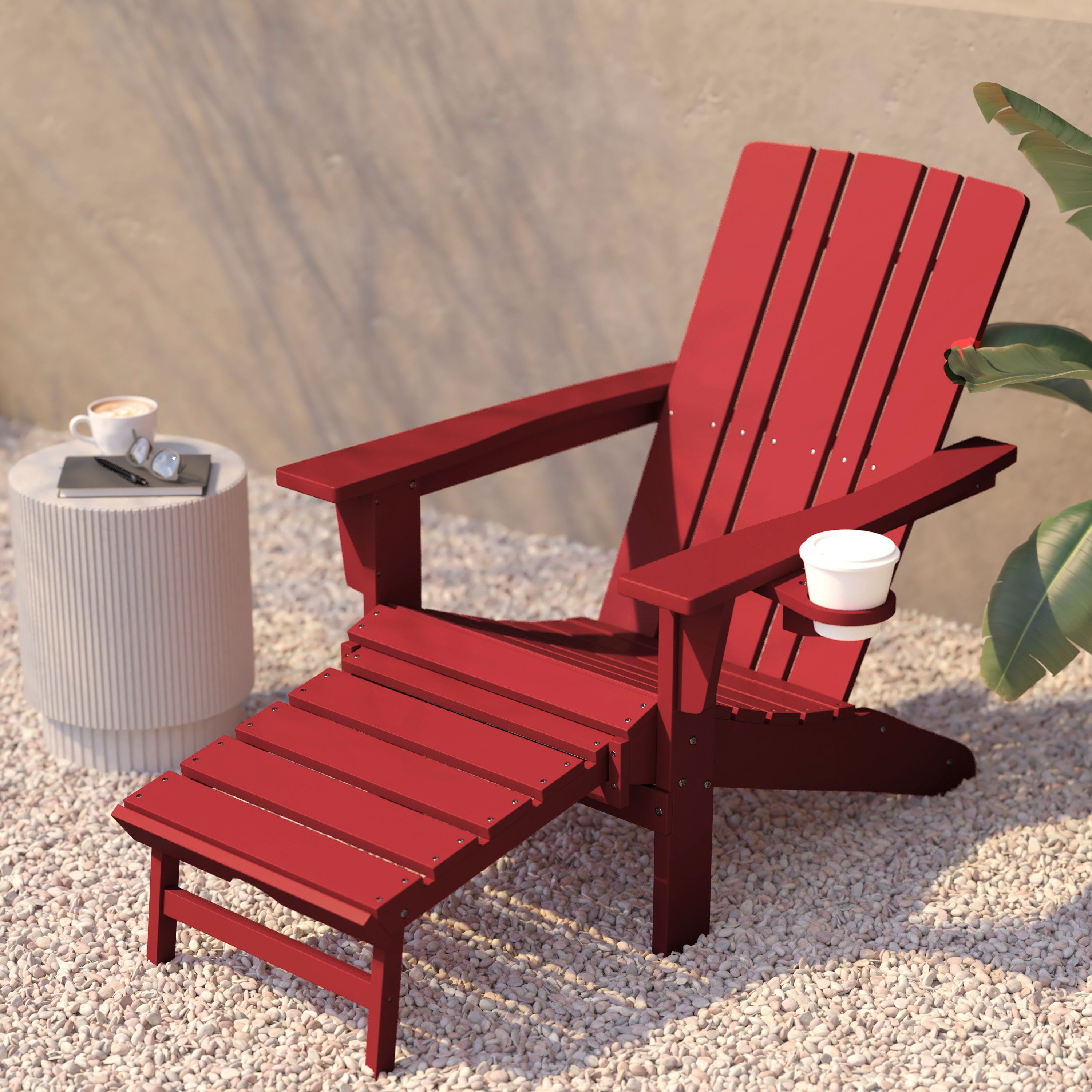 Halifax HDPE Adirondack Chair with Cup Holder and Pull Out Ottoman, All-Weather HDPE Indoor/Outdoor Lounge Chair in Red