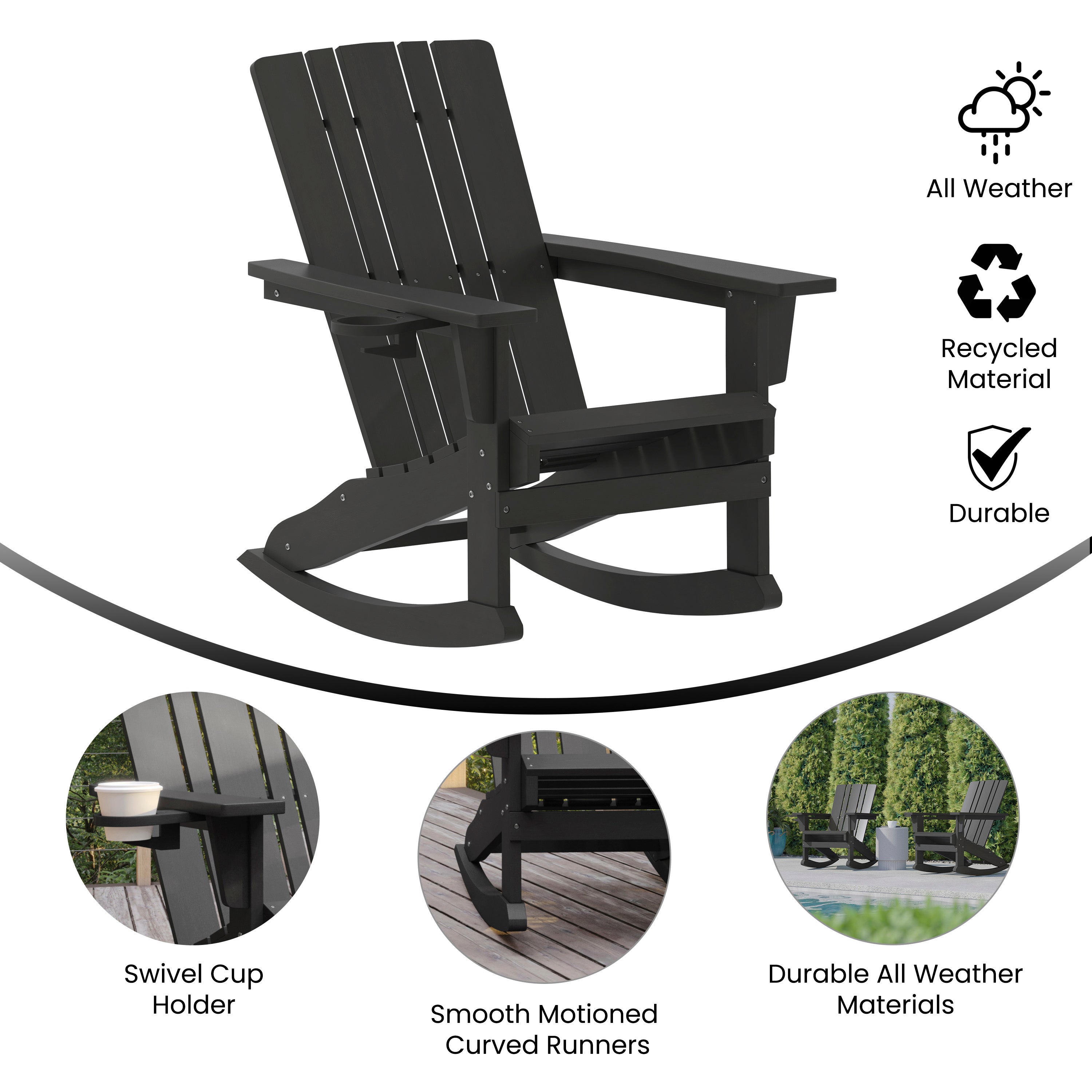 Halifax Adirondack Rocking Chair with Cup Holder, Weather Resistant HDPE Adirondack Rocking Chair in Black
