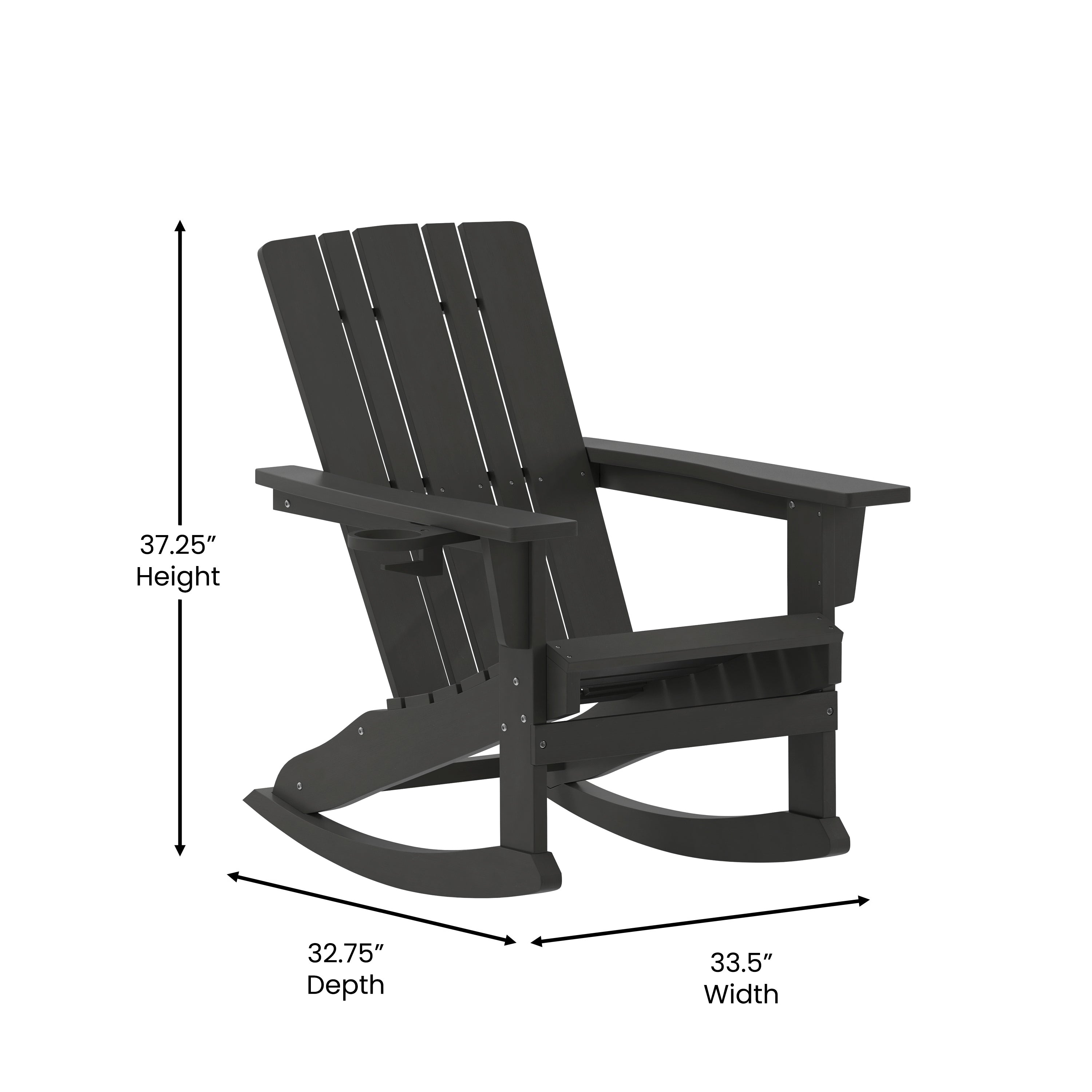 Halifax Adirondack Rocking Chair with Cup Holder, Weather Resistant HDPE Adirondack Rocking Chair in Black