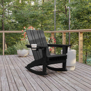 Halifax Adirondack Rocking Chair with Cup Holder, Weather Resistant HDPE Adirondack Rocking Chair in Black