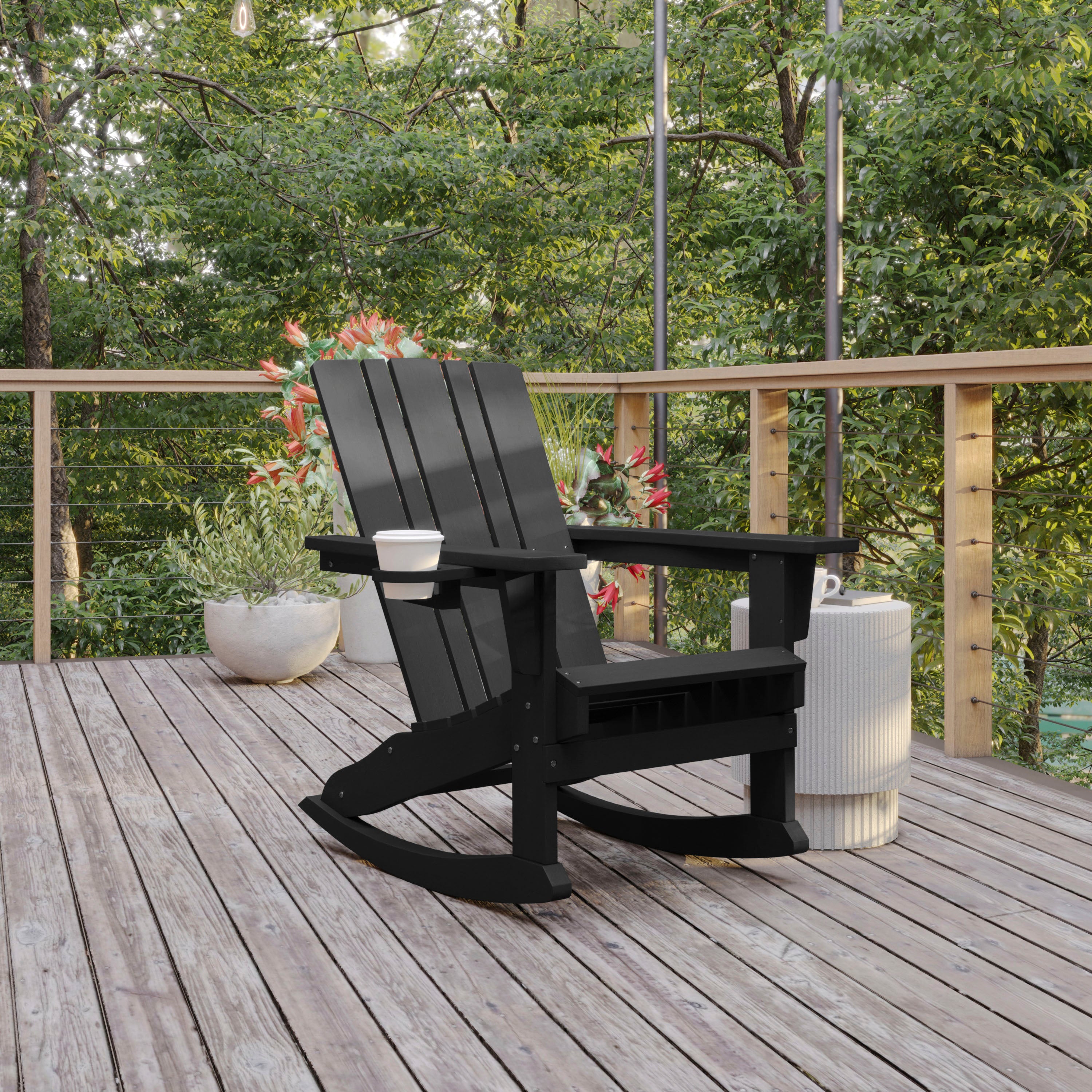 Halifax Adirondack Rocking Chair with Cup Holder, Weather Resistant HDPE Adirondack Rocking Chair in Black