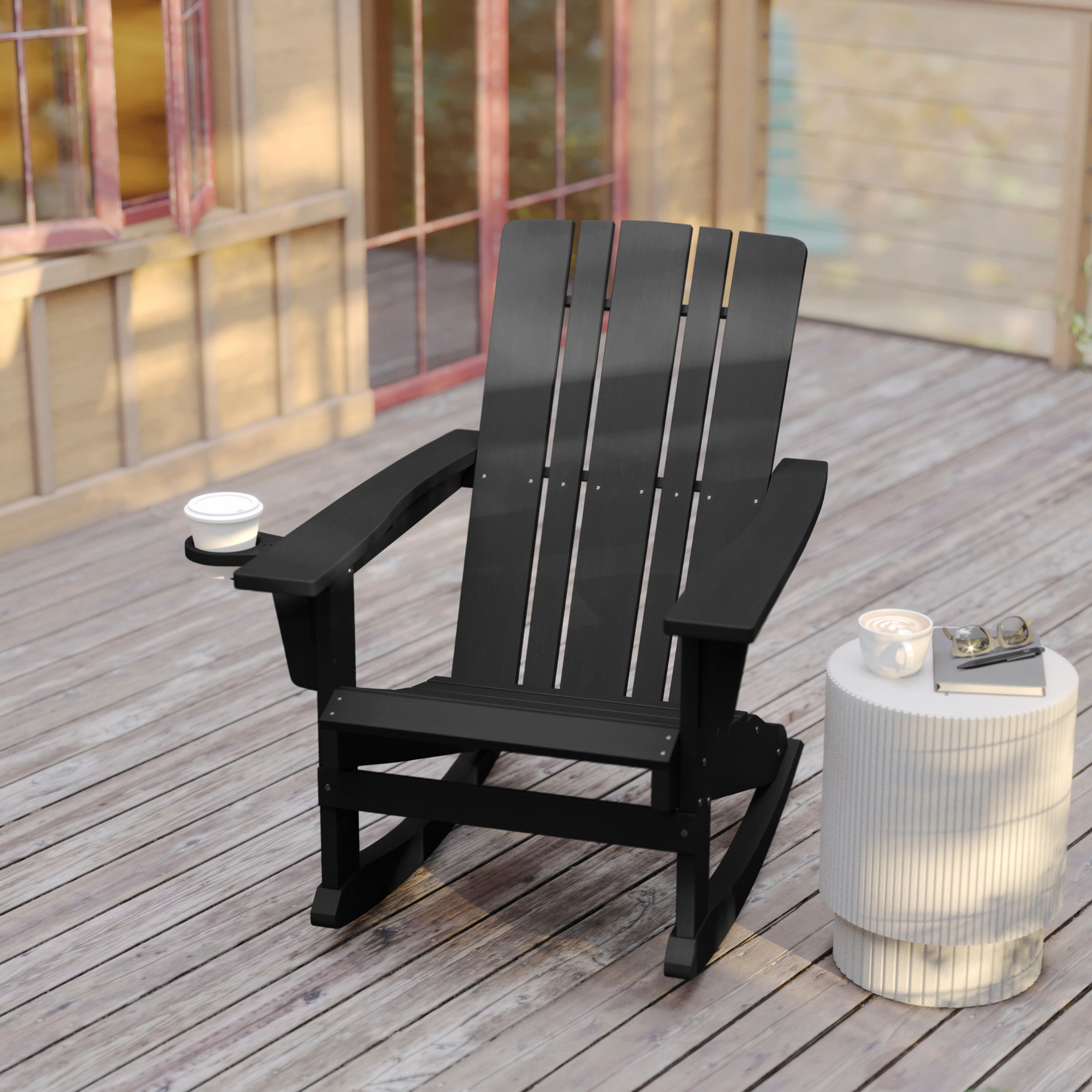 Halifax Adirondack Rocking Chair with Cup Holder, Weather Resistant HDPE Adirondack Rocking Chair in Black