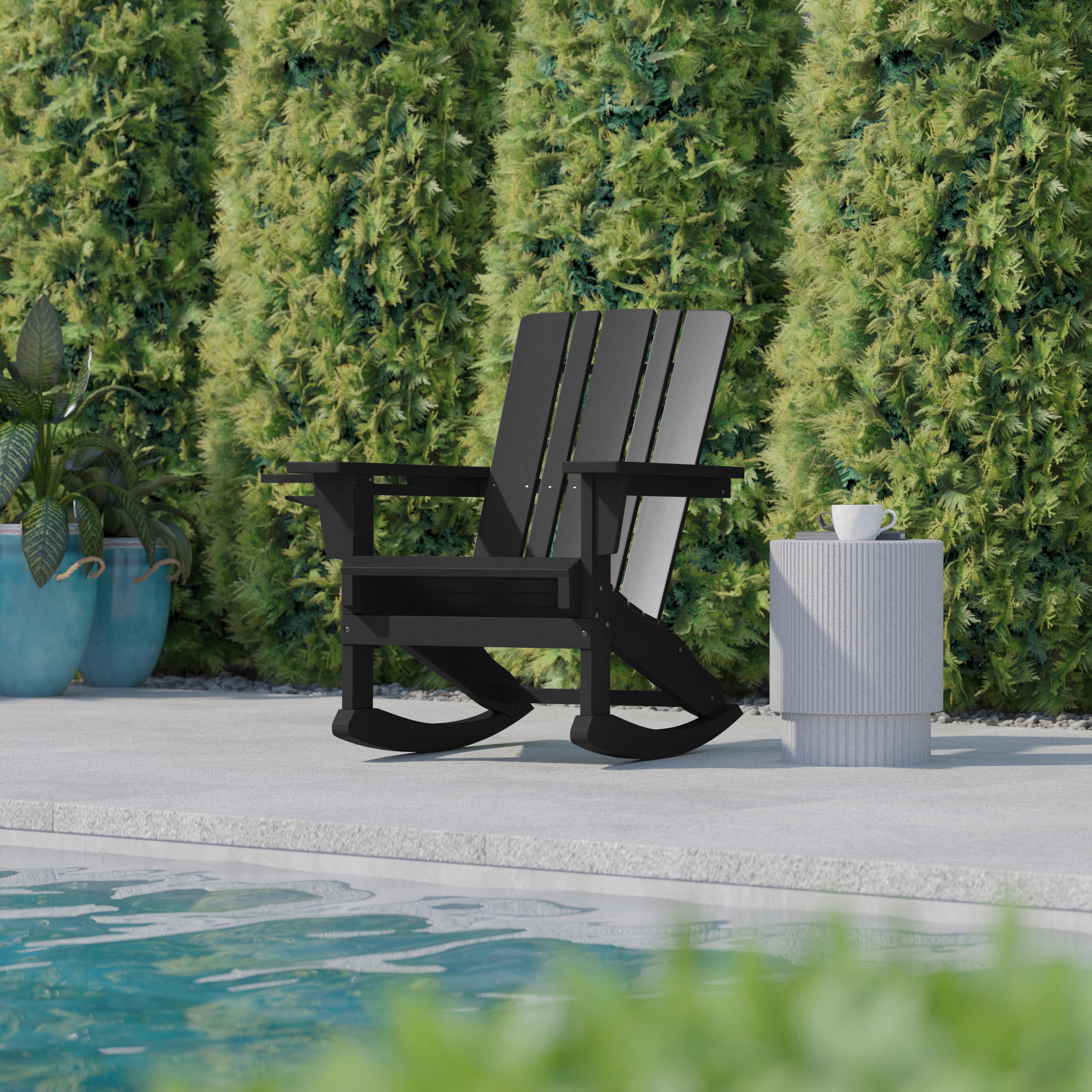 Halifax Adirondack Rocking Chair with Cup Holder, Weather Resistant HDPE Adirondack Rocking Chair in Black