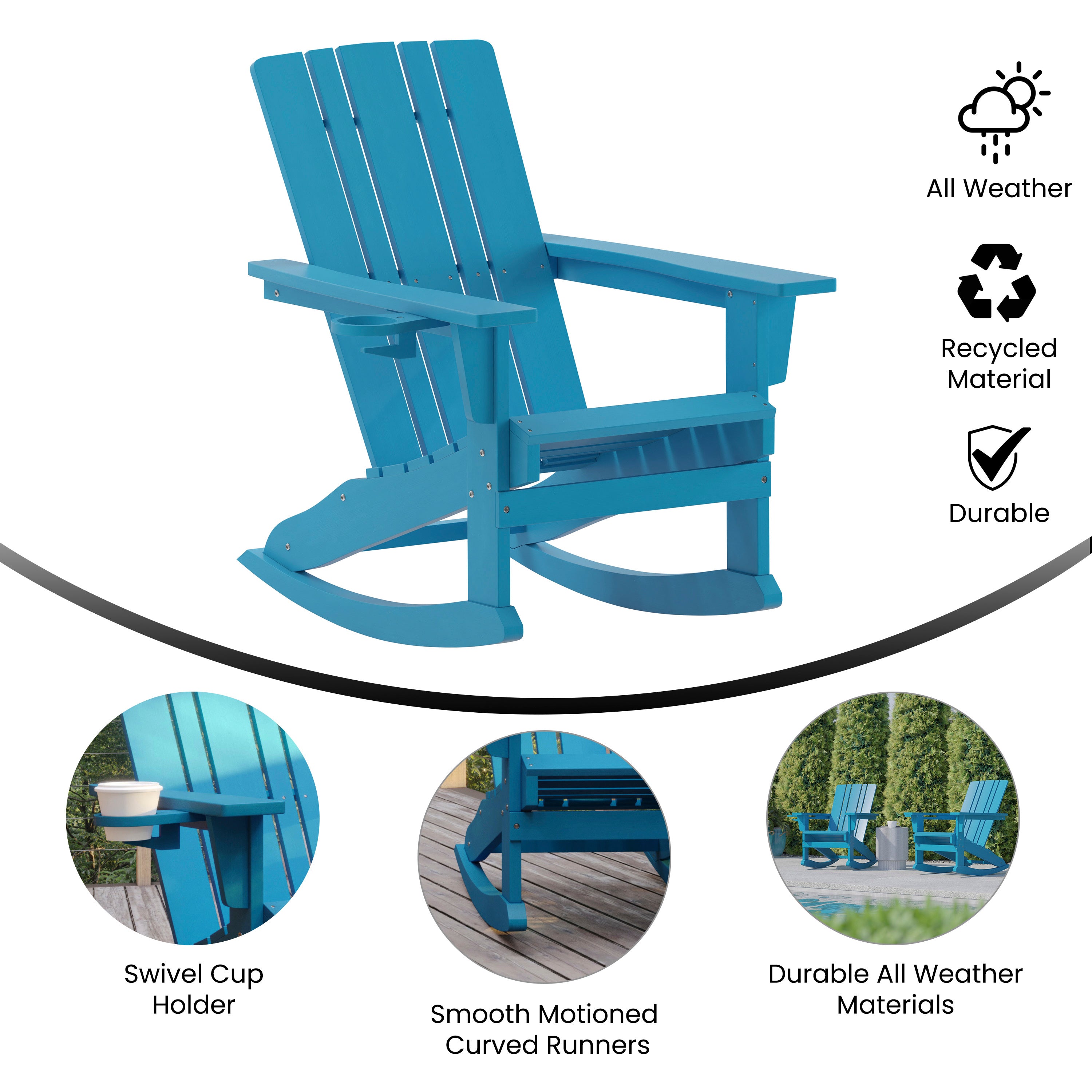 Halifax Adirondack Rocking Chair with Cup Holder, Weather Resistant HDPE Adirondack Rocking Chair in Blue