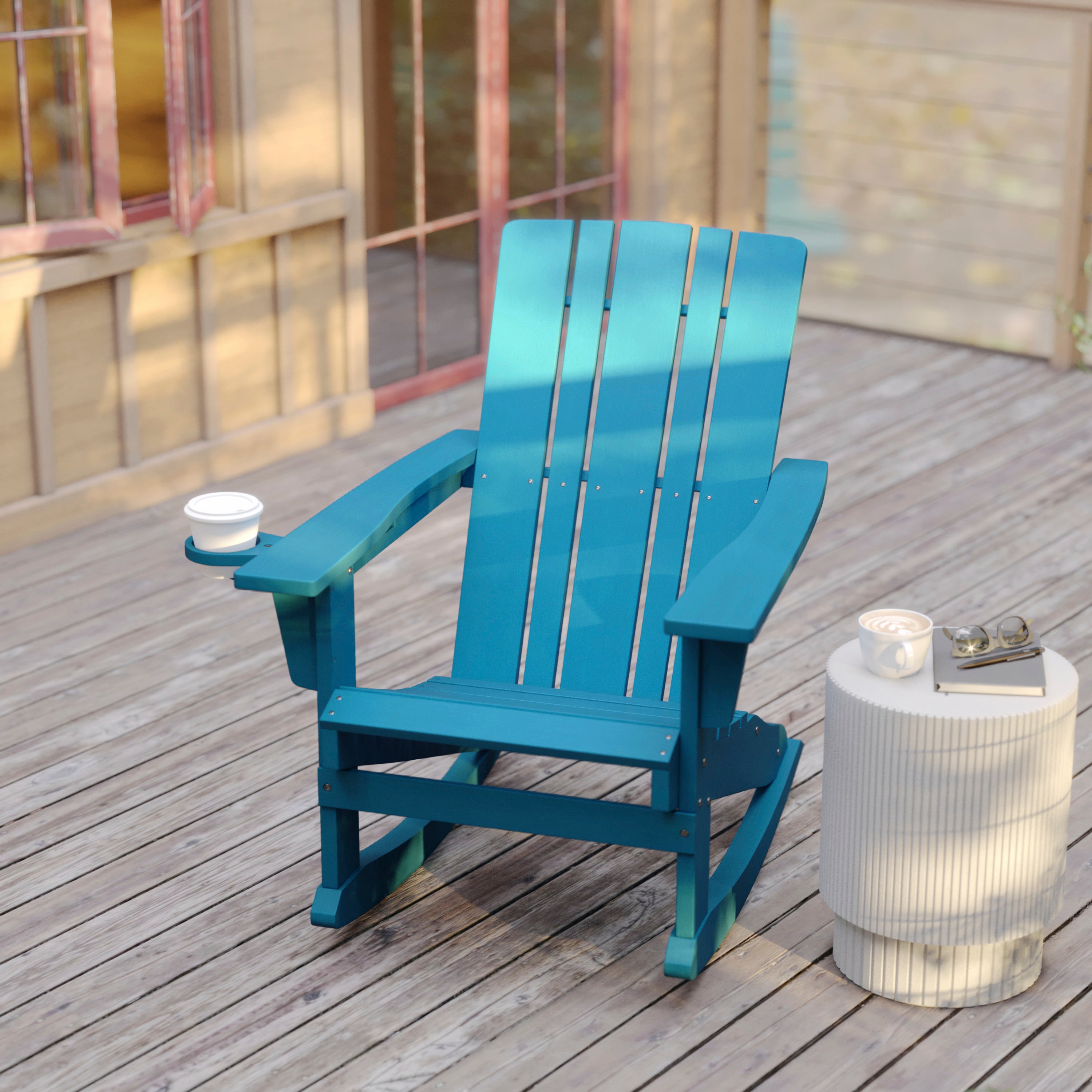 Halifax Adirondack Rocking Chair with Cup Holder, Weather Resistant HDPE Adirondack Rocking Chair in Blue