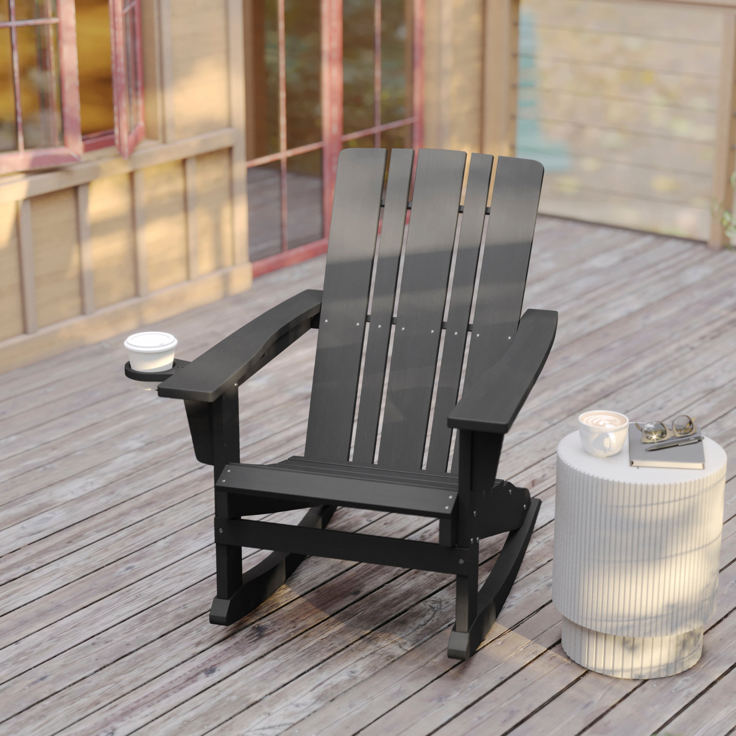 Halifax Adirondack Rocking Chair with Cup Holder, Weather Resistant HDPE Adirondack Rocking Chair in Gray