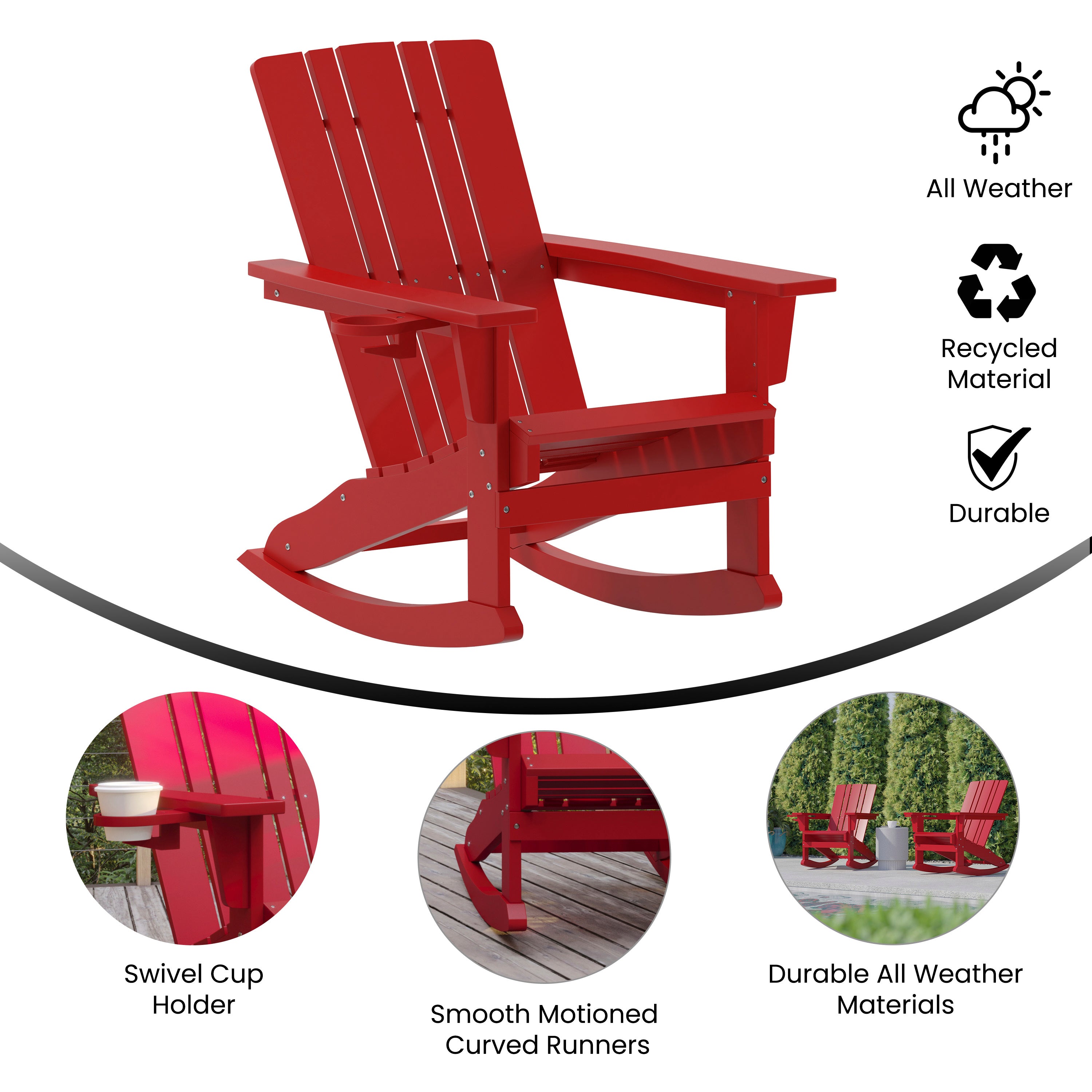 Halifax Adirondack Rocking Chair with Cup Holder, Weather Resistant HDPE Adirondack Rocking Chair in Red