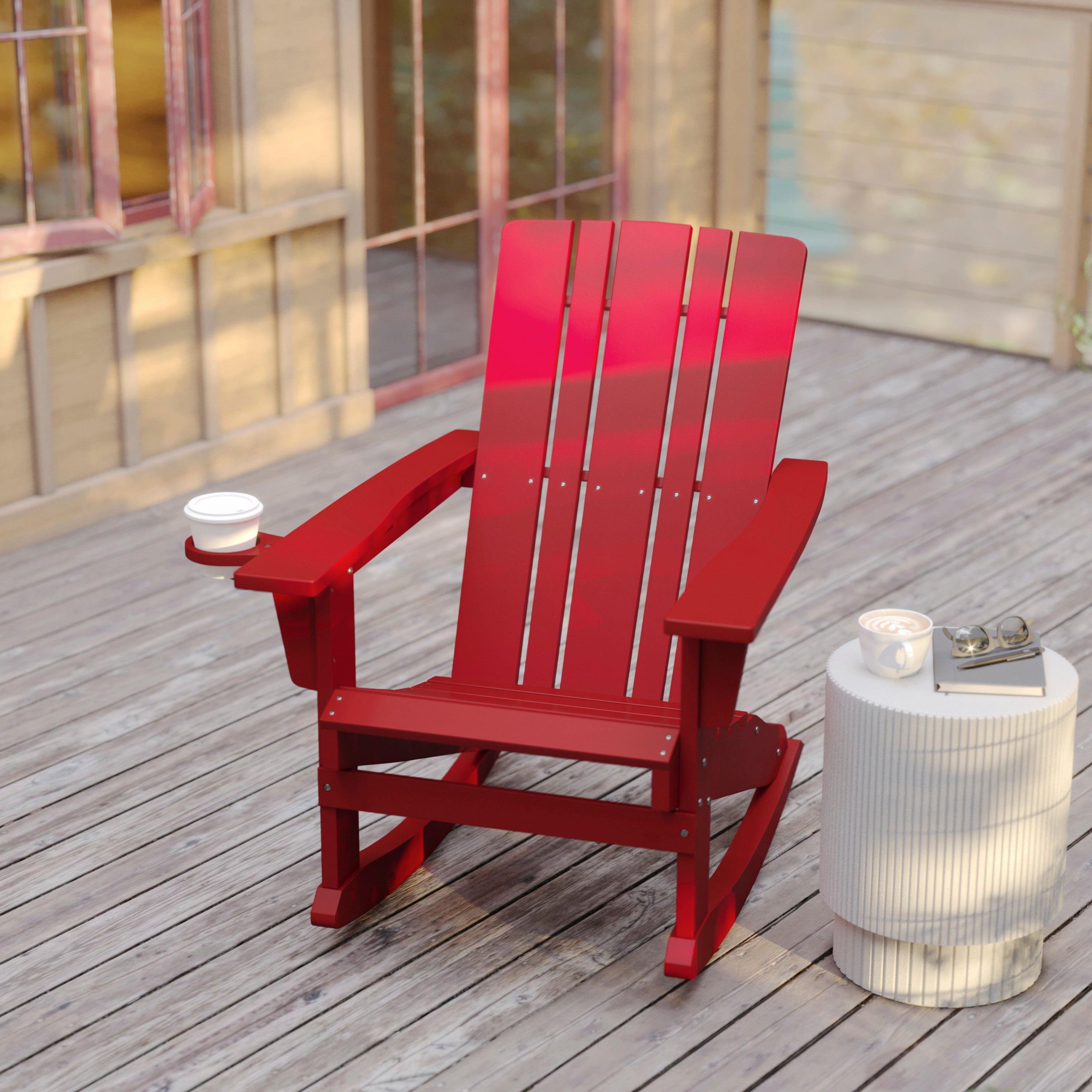 Halifax Adirondack Rocking Chair with Cup Holder, Weather Resistant HDPE Adirondack Rocking Chair in Red