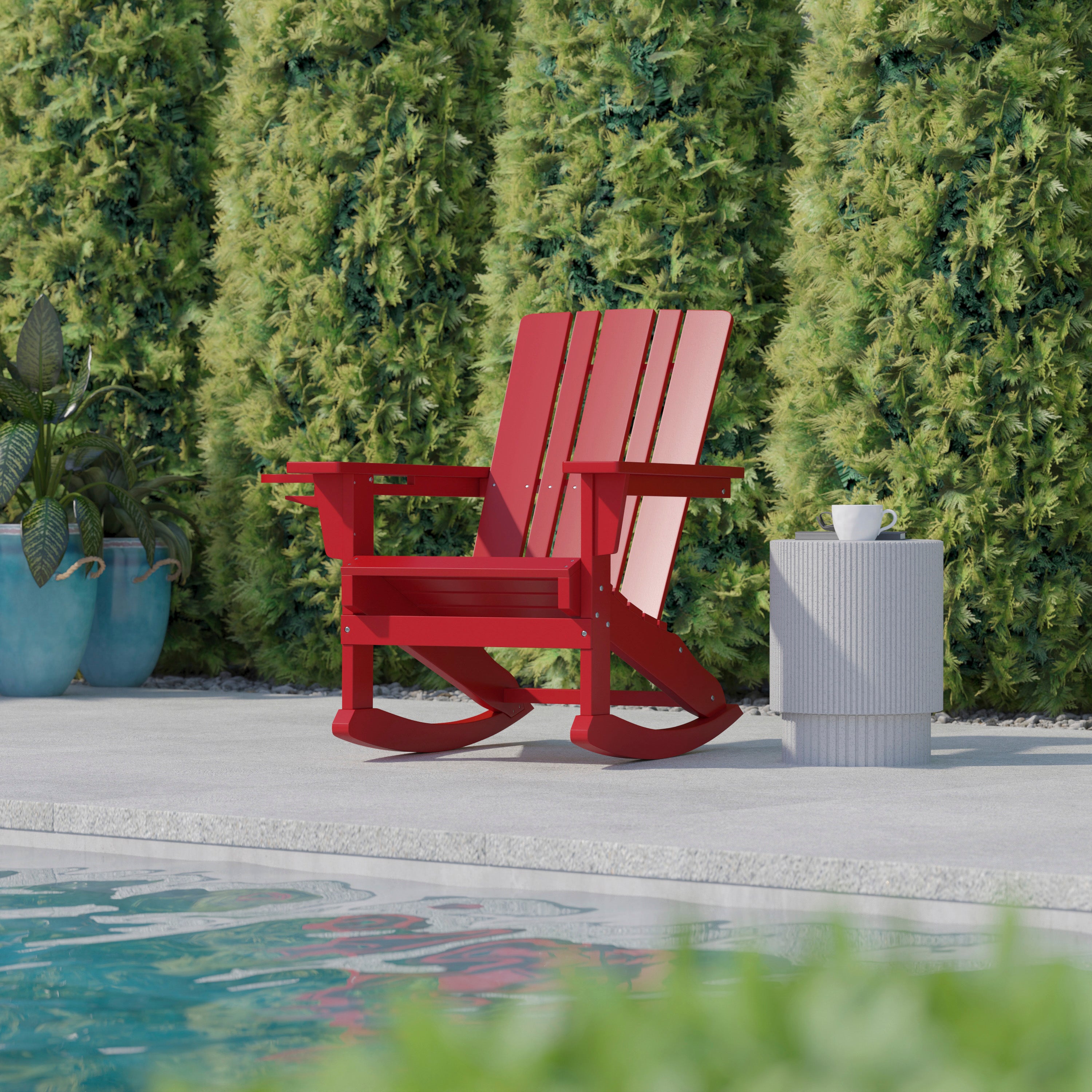 Halifax Adirondack Rocking Chair with Cup Holder, Weather Resistant HDPE Adirondack Rocking Chair in Red