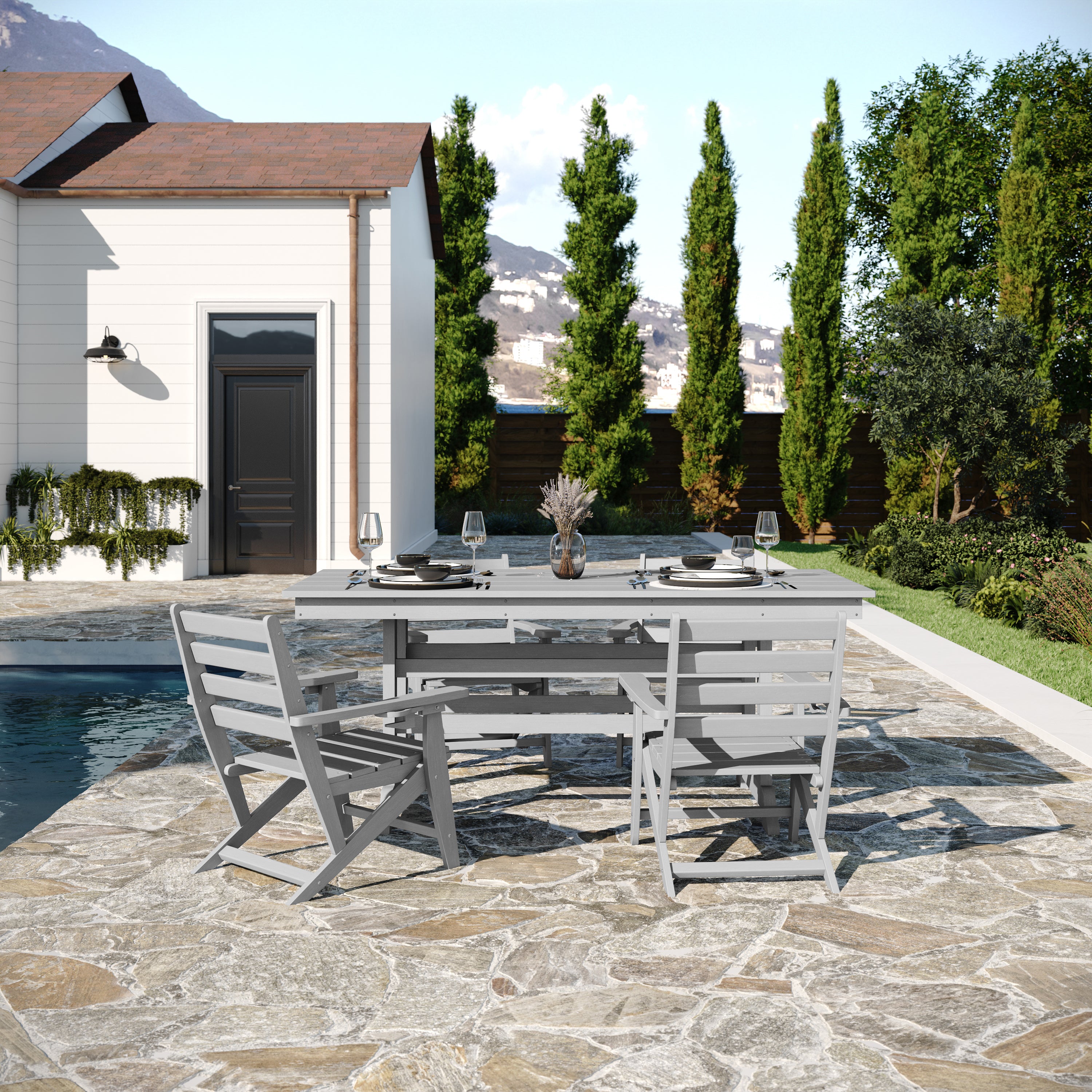 Abraham Commercial Grade Indoor/Outdoor 72" Rectangle Recycled HDPE Adirondack Dining Table for 6 in Gray