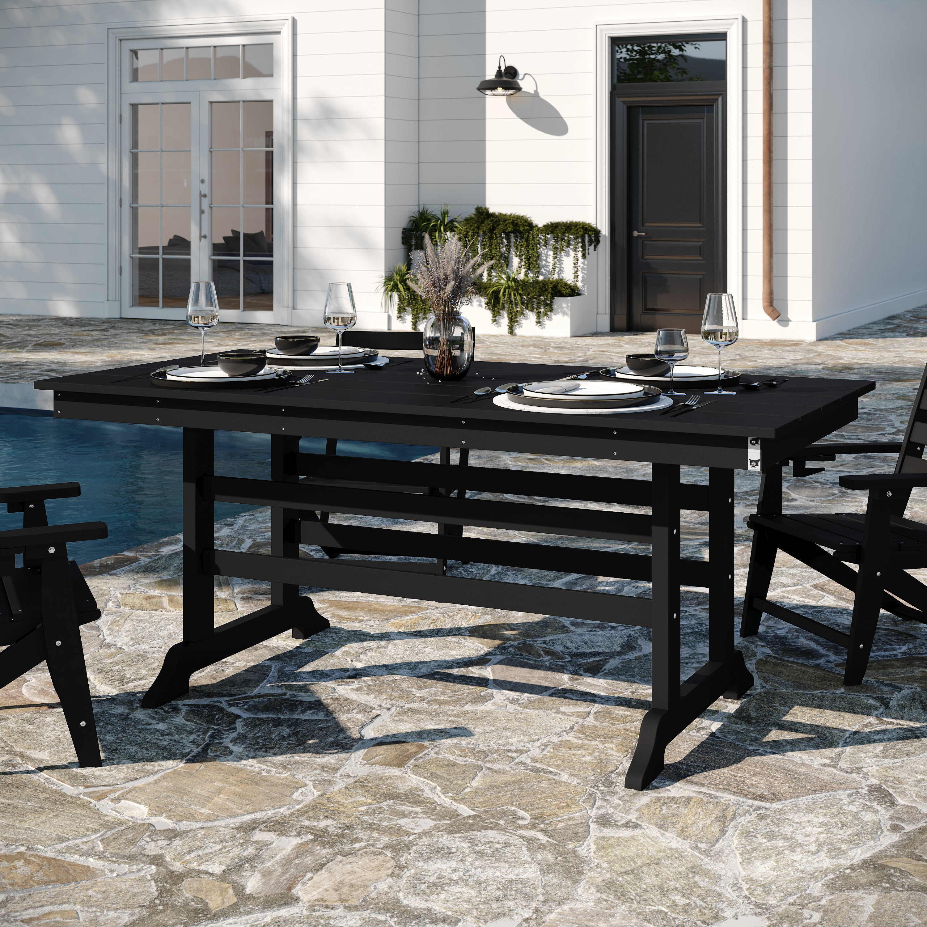 Tolleson Commercial 7 Piece Adirondack Dining Set with 72" Rectangle Indoor/Outdoor Recycled HDPE Table and 6 Chairs with Cupholders in Black
