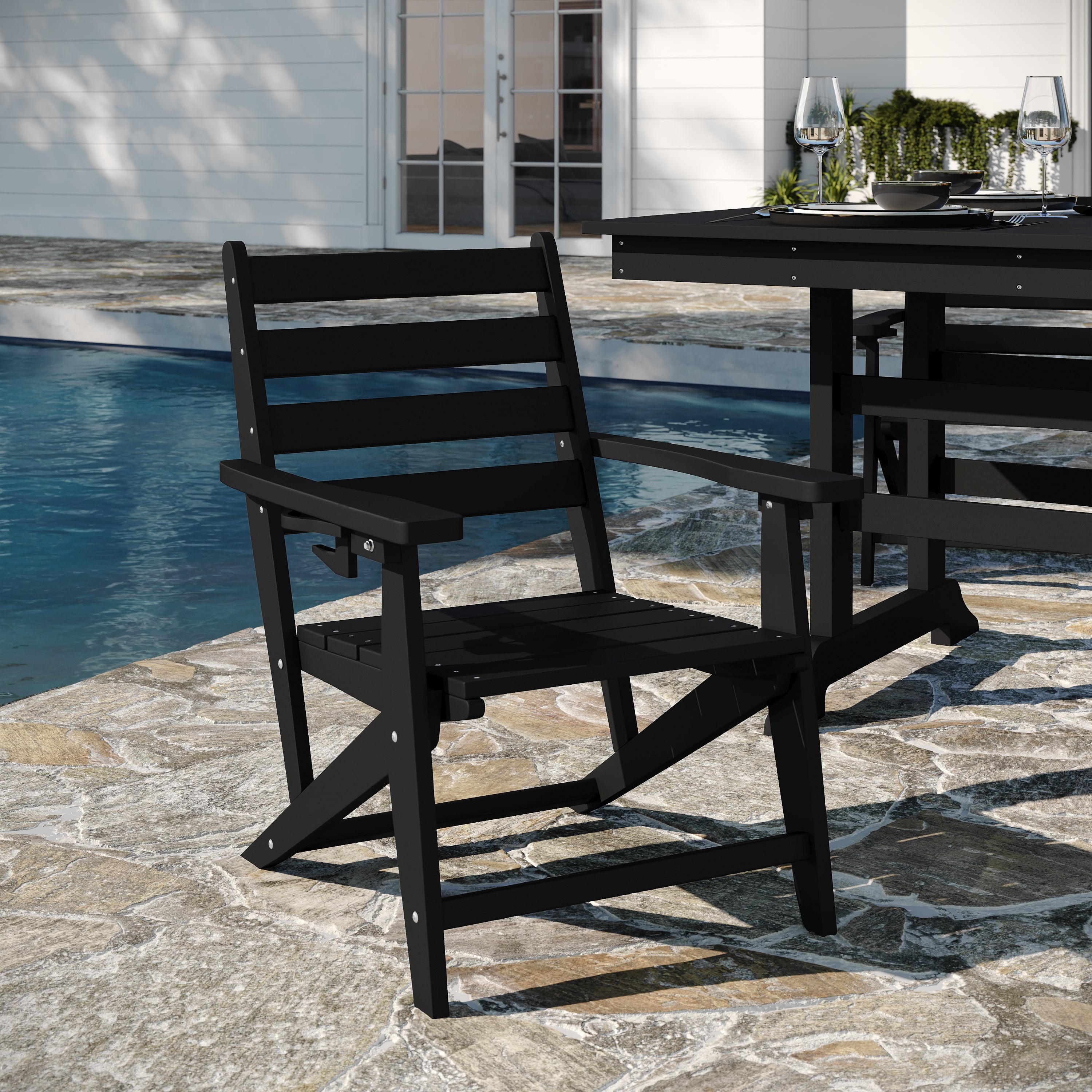 Tolleson Commercial 7 Piece Adirondack Dining Set with 72" Rectangle Indoor/Outdoor Recycled HDPE Table and 6 Chairs with Cupholders in Black