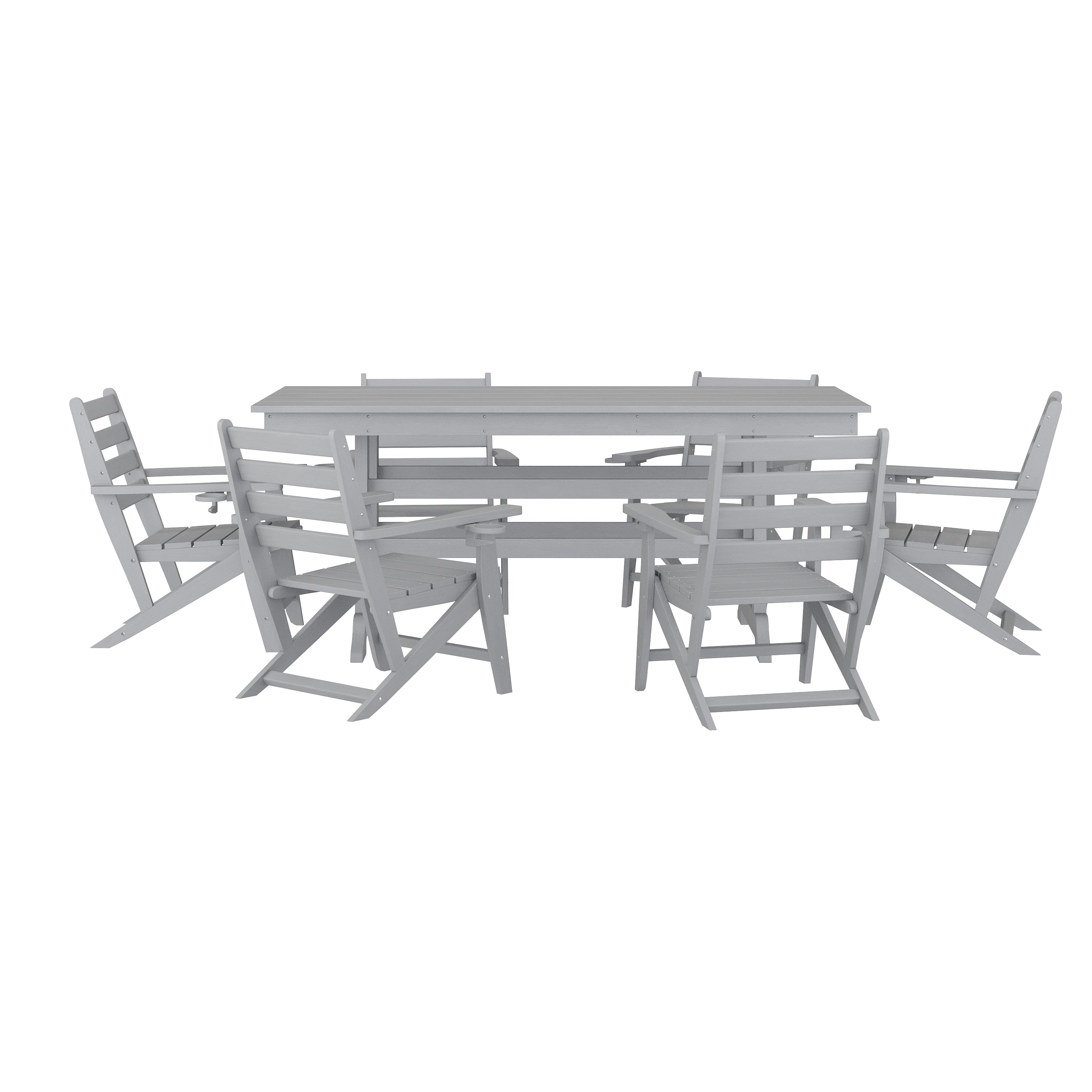 Tolleson Commercial 7 Piece Adirondack Dining Set with 72" Rectangle Indoor/Outdoor Recycled HDPE Table and 6 Chairs with Cupholders in Gray
