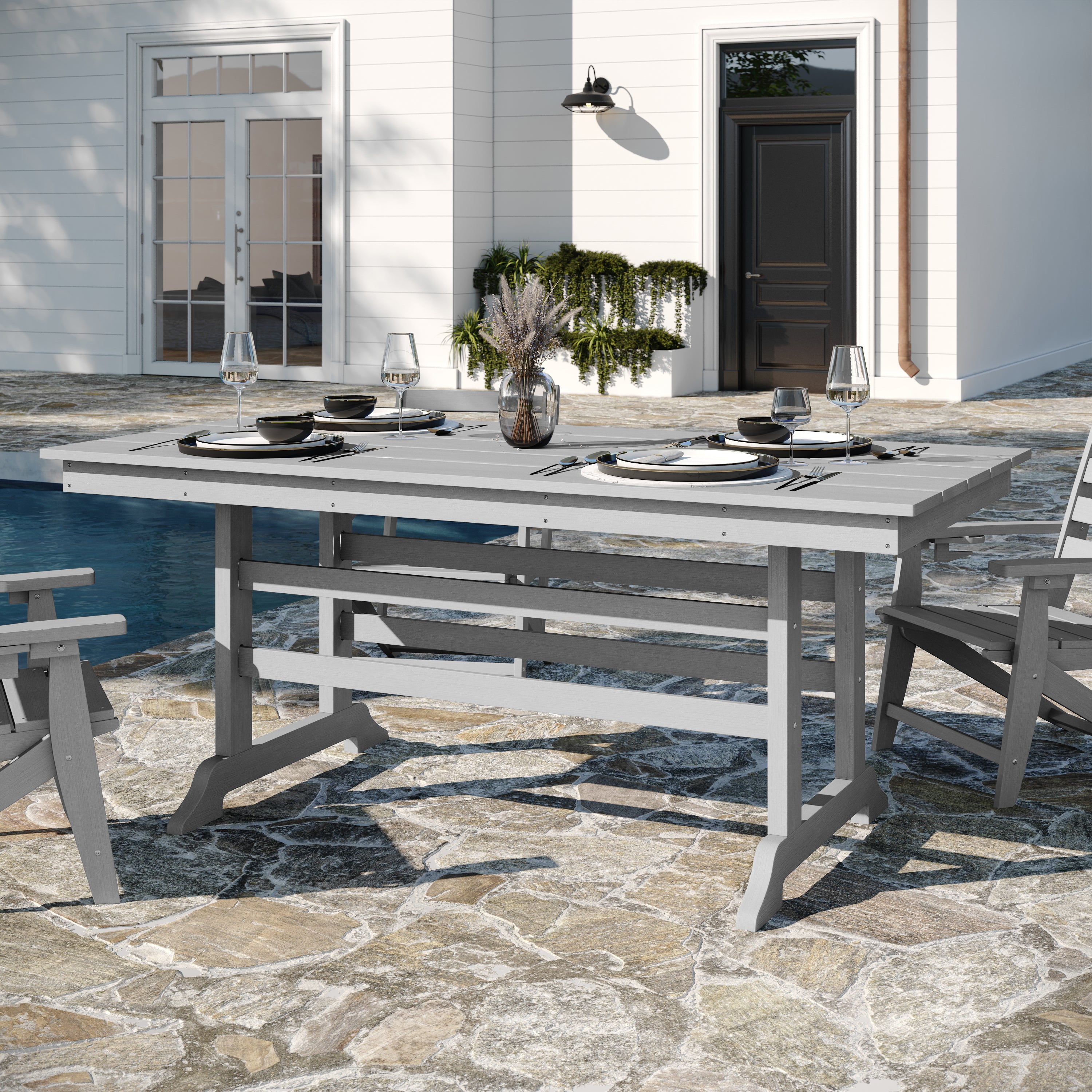 Tolleson Commercial 7 Piece Adirondack Dining Set with 72" Rectangle Indoor/Outdoor Recycled HDPE Table and 6 Chairs with Cupholders in Gray